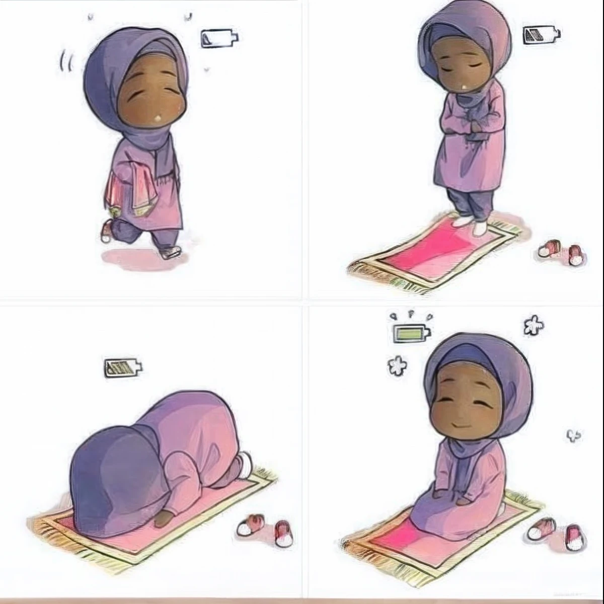 four pictures of a girl in a hijab doing different poses, doing a prayer, praying, very calm and wholesome, praying meditating, praying posture, emotional picture, beautiful depiction, muslim, very peaceful mood, accurate perspective, mekka, peaceful mood, very clear picture, kneeling in prayer, background is heavenly, prayer, hijab