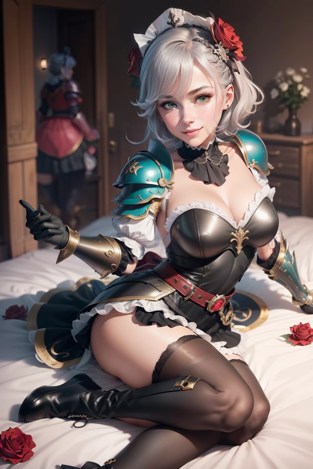 1 woman, 25 years old, ((adult woman)), noelle \(genshin impact\), solo, pantyhose, green eyes, armor, breasts, flower, armored boots, rose, looking at viewer, short hair, braid, dress, red flower, hair ornament, boots, red rose, maid headdress, full body, grey hair, maid, black pantyhose, hair flower, cleavage, happy smile, gauntlets, bangs, skirt hold, armored dress, ascot, shoulder armor, medium breasts, red ascot, clothes lift, thighband pantyhose, braided bangs, belt, apron, blush, lying on the bed, lying on his back, a large bed, a white sheet, pillows, (detailer:1.0), (realistic:1.0)
