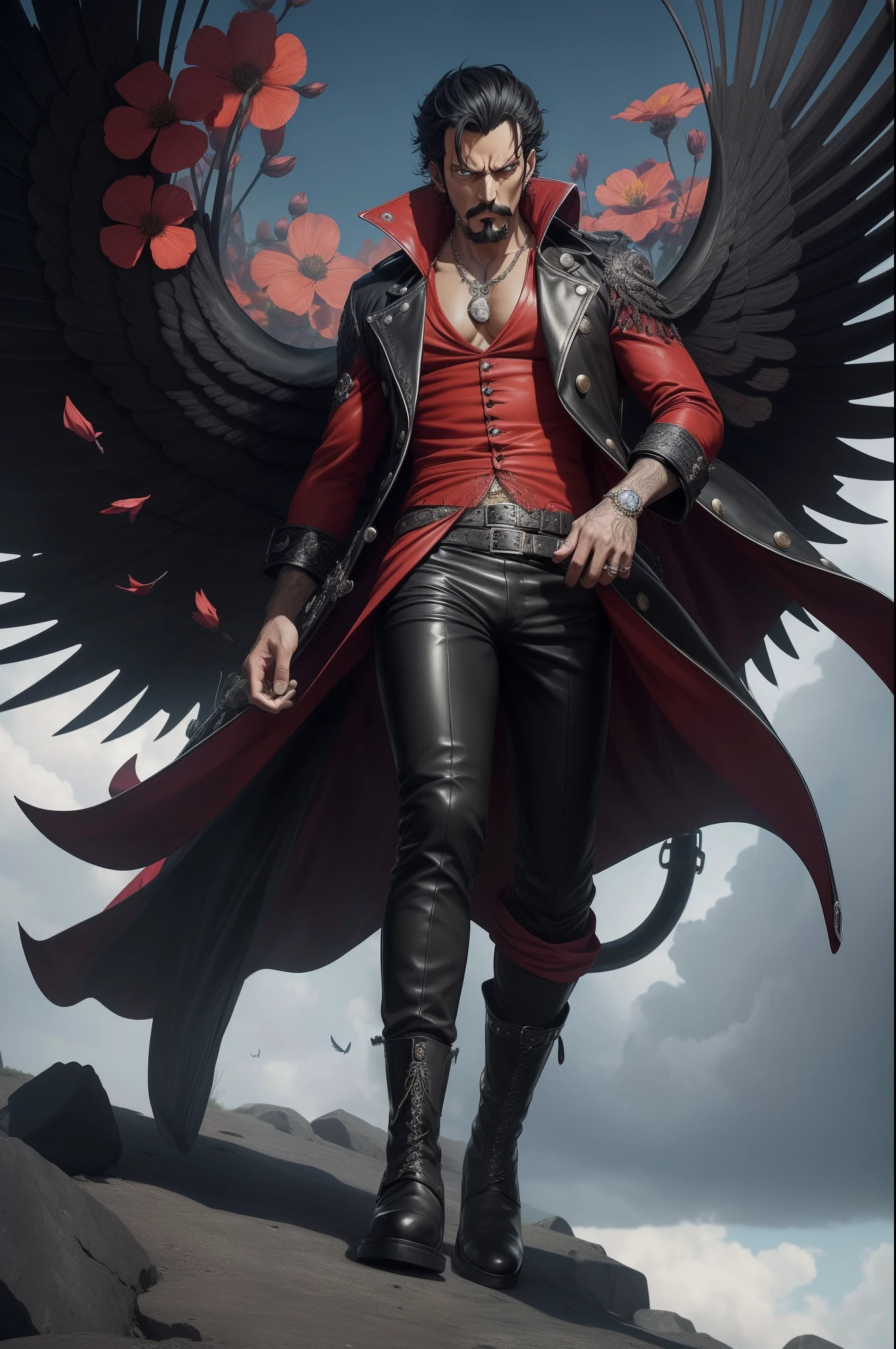 "Mihawk from One Piece, with black hair , wearing an angry expression and sporting a splendid mustache,Looking at the viewer ( head staight foward) , in a static position ( legs not moving  He is dressed in a black and red cover-coat, adorned with beautifully illustrated flowers, fluttering in the wind, White Pants, and Nice Black lether boots( biker boots),  Surrealism, high detail, Gothic art, Hyperrealism, ccurate, anatomically correct, masterpiece, UHD, high details, high quality, best quality, highres, 4K, award winning (( MASTERPIECE )).