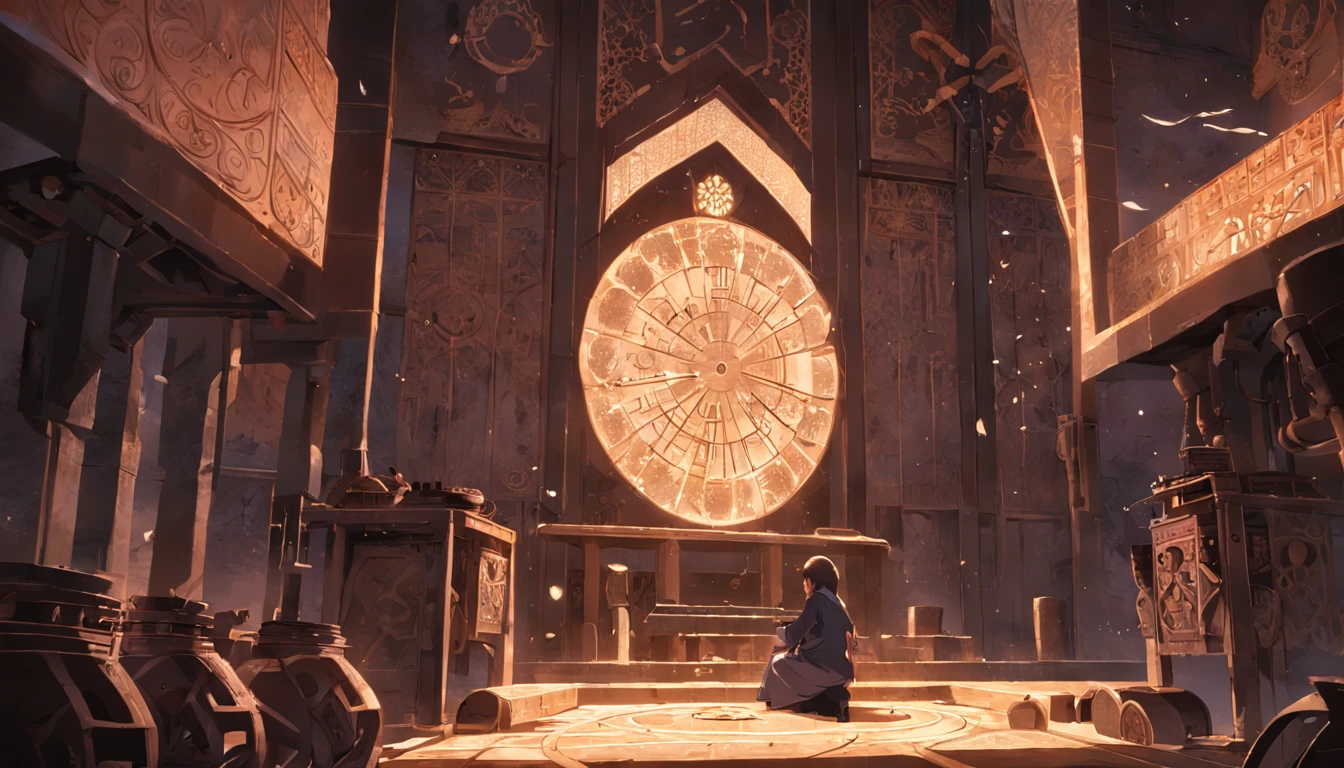 A room illuminated in the Abbasid era, where the young engineer adjusts gears and mechanical devices.