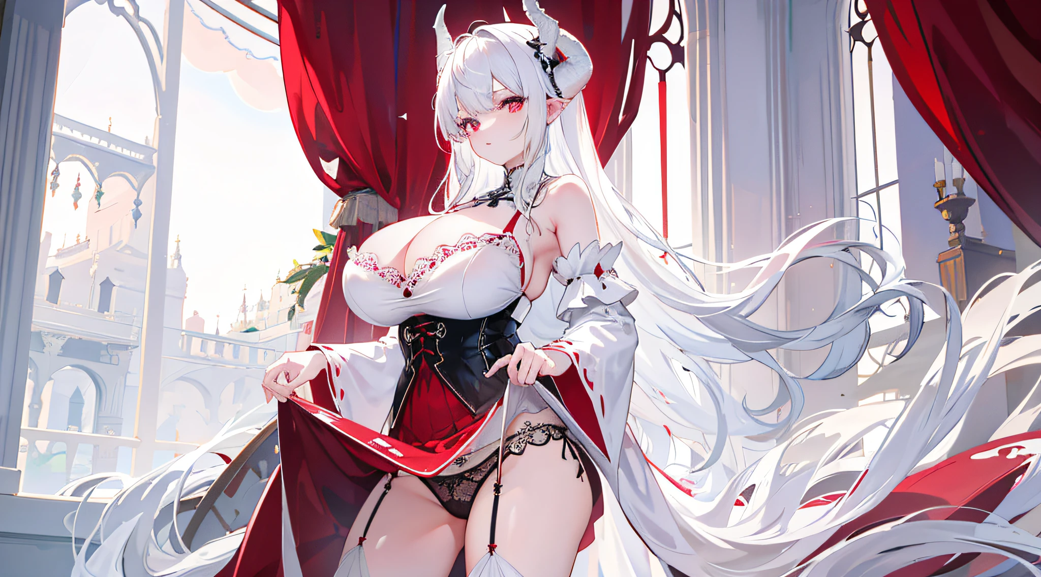 1girll，In the daytime，White dragon horn，Light，divino，Gorgeous white lace lingerie，huge tit，blacksilk，Reveals lace panties，Lift the skirt，Fine details，Color gas，Big background，Long white hair，red color eyes，Chest exposed，Gorgeous white palace castle interior background