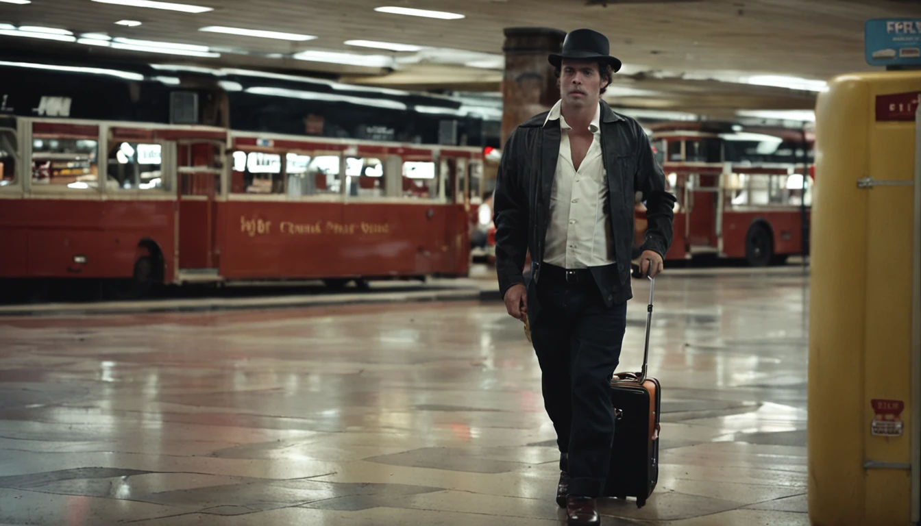 background, eighties, night, interior of Minas Gerais, bus station, man looking twenty years old, wearing black shoes, white suit and leather hat, he is holding a suitcase.