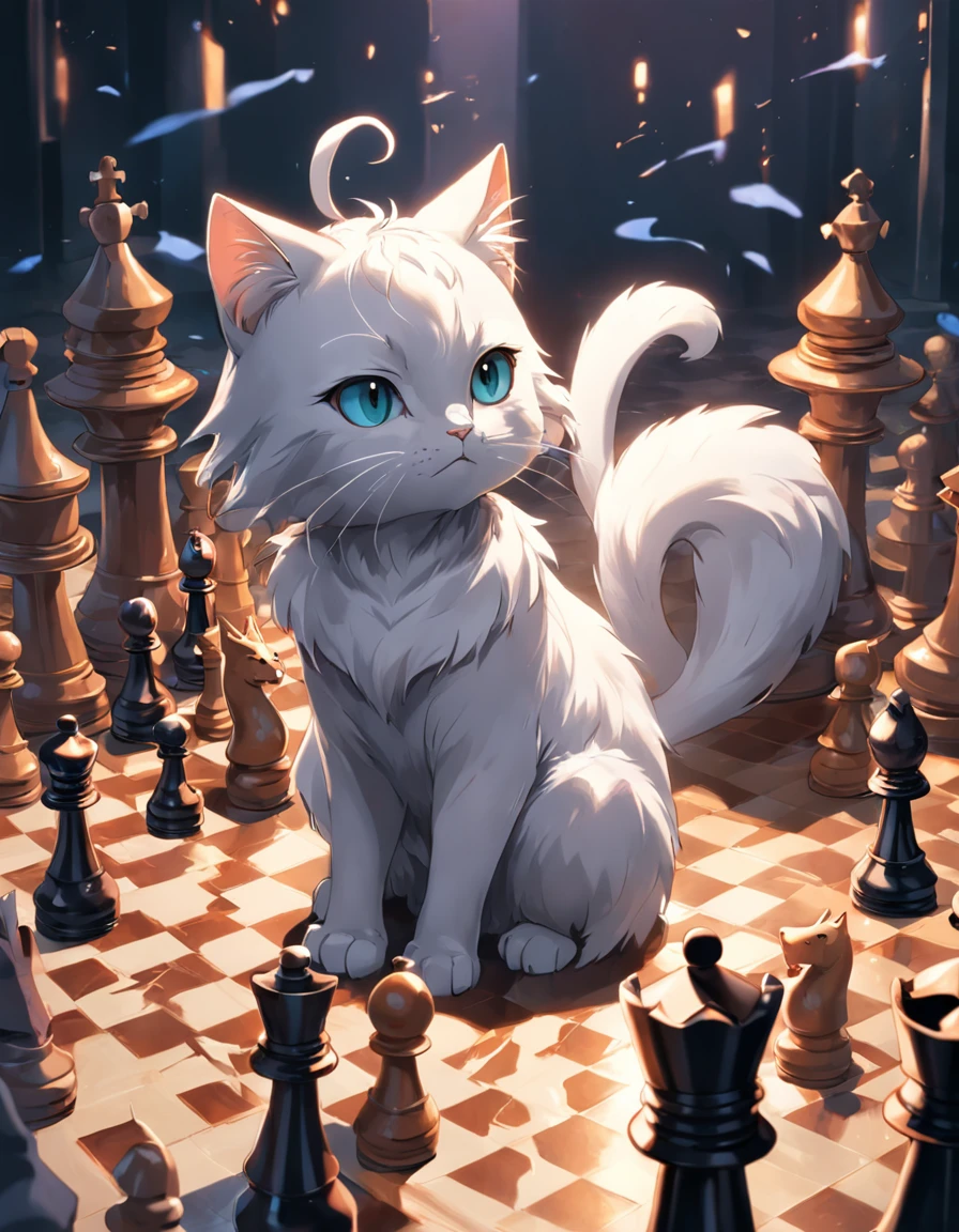 Look down at a Go game，The  of Black Chess is in the shape of a cat，The pawns of white chess are in the shape of birds。