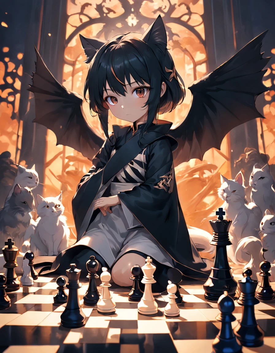 Look down at a Go game,The of Black Chess is in the shape of a cat,The pawns of white chess are in the shape of birds。