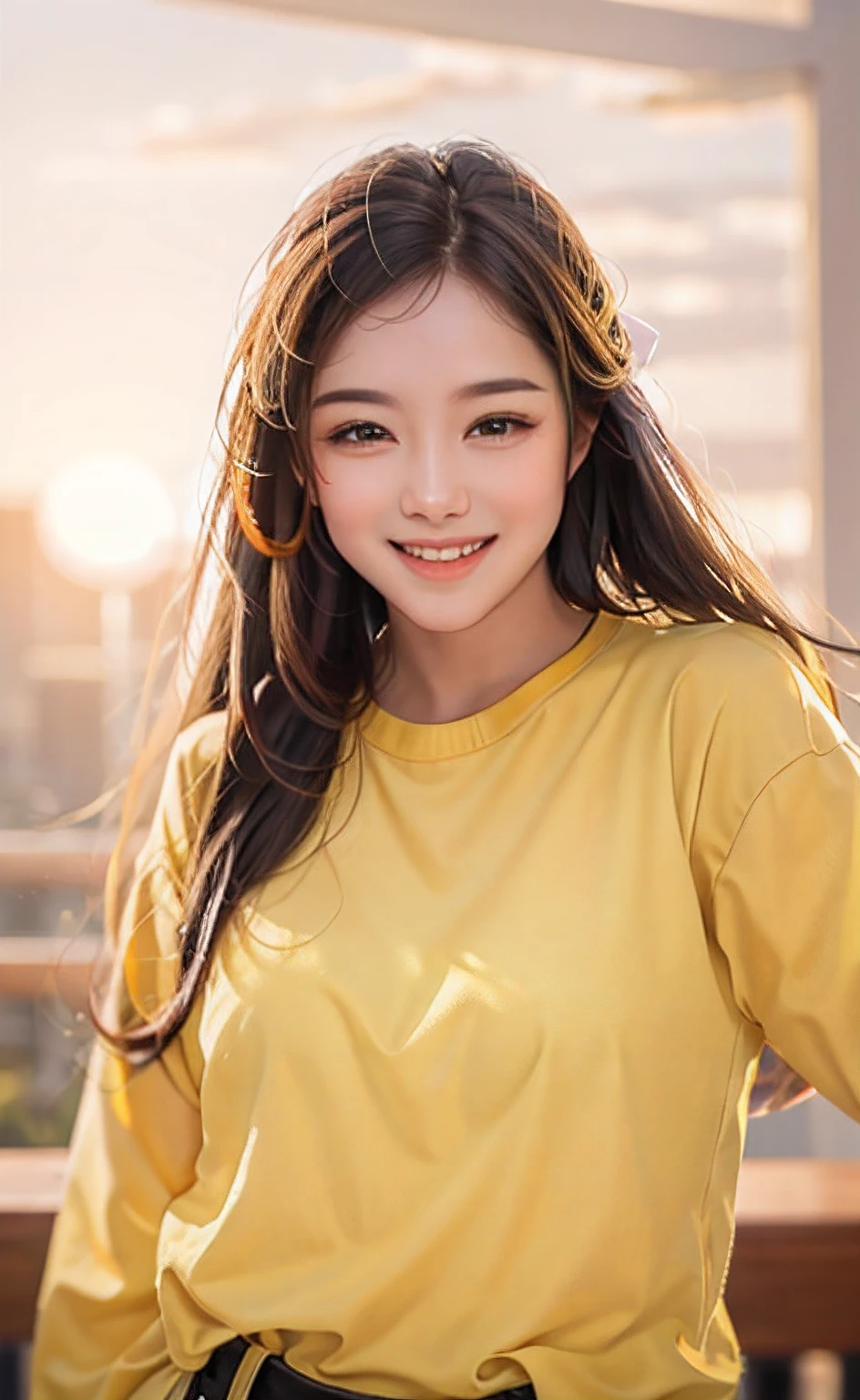 a close up of a woman with long hair wearing a yellow shirt, smile, sunset