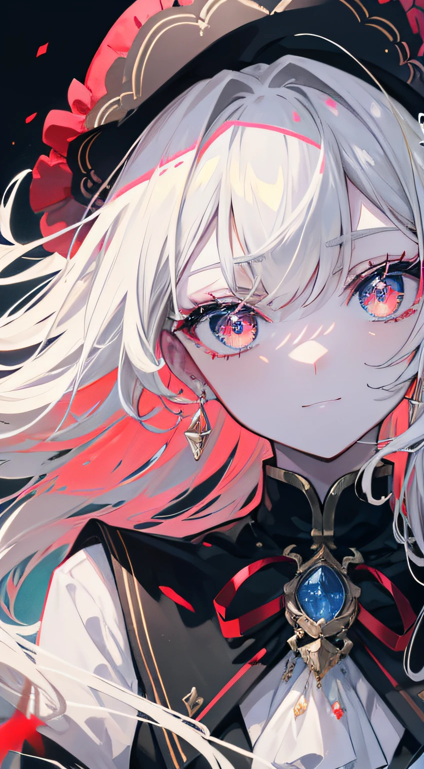 eyes, (((eyes close up))), intricate, masterpice, best quality, colorful, expressive eyes, gorgeous, vivid, perfect face, smile, happyness, red eyes, 2eyes, emotion, detailed pupils, vivid pupils,stunning, life, relfection, peace, warm, compsition, artistic, 4k, wallpaper, bonnet, wind, ((night)), traced lights, glow, glowing eyes, alone, solo, neck chain,