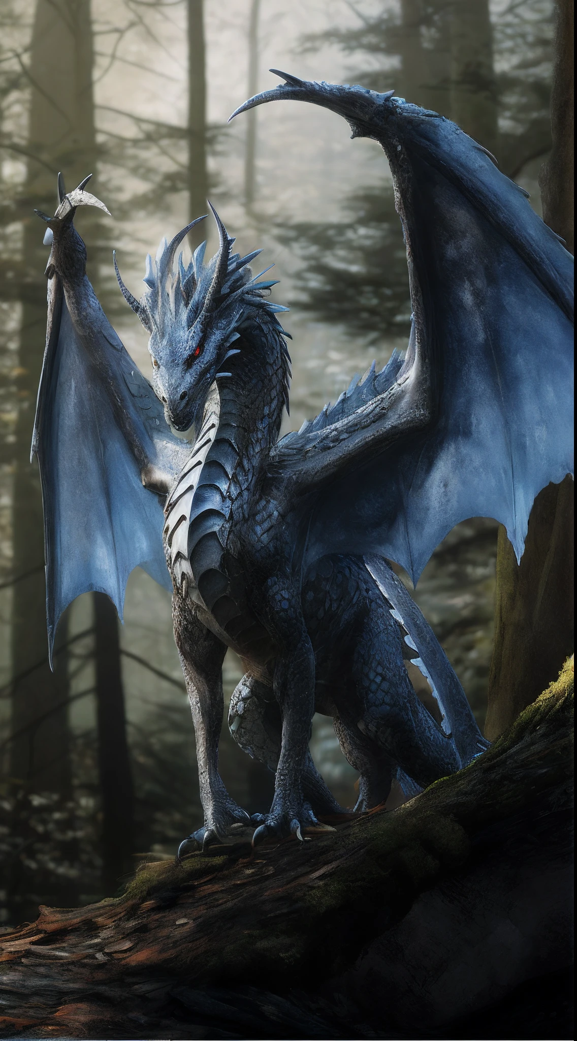 there is a dragon that is standing on a log in the woods, blue scaled dragon, wyvern, blue dragon, frost dragon, dragon art, ancalagon the black, european dragon, but as an anthropomorphic dragon, as an anthropomorphic dragon, a majestic gothic dragon, dragon with scars, anthro dragon art, epic dragon