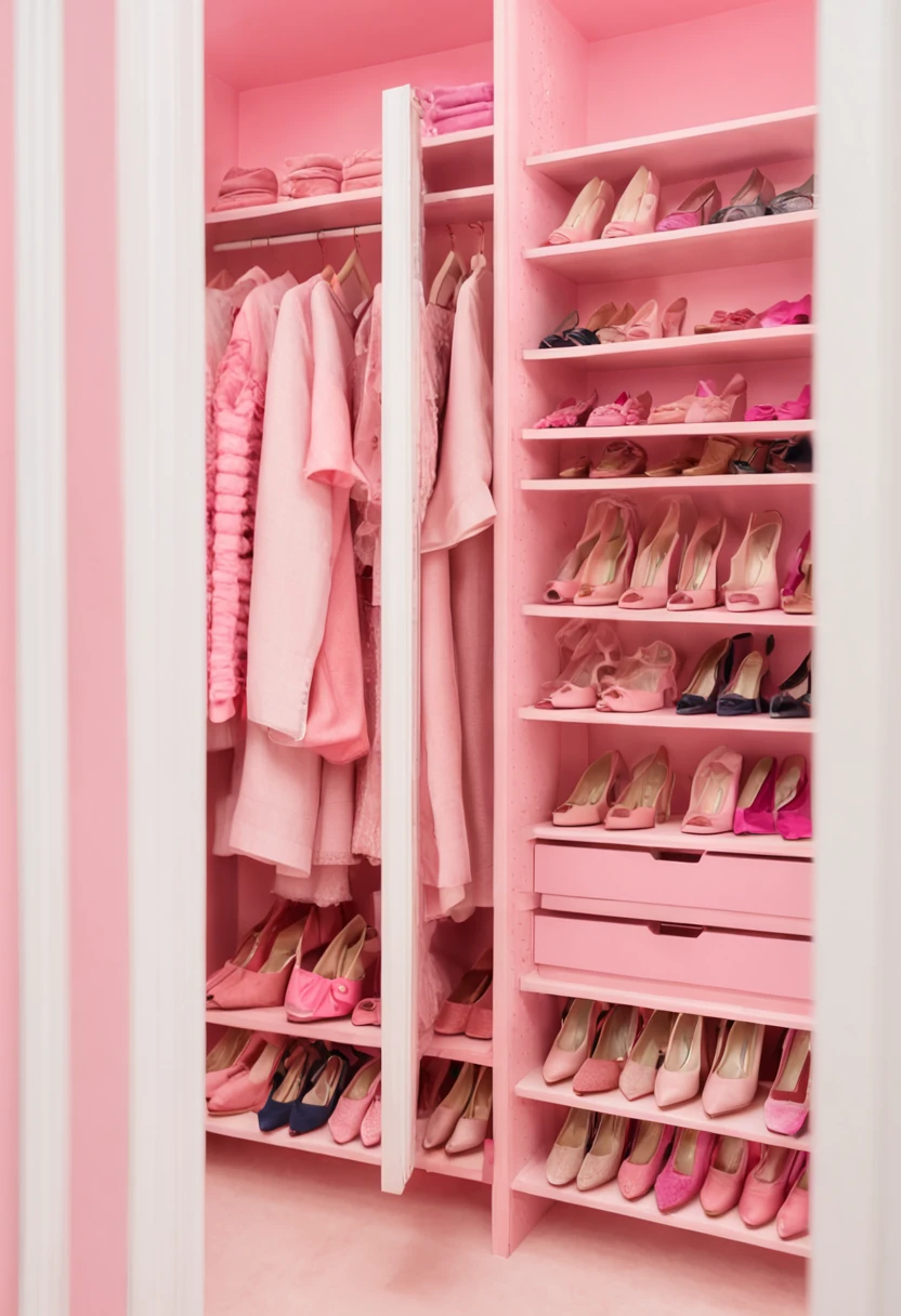 a close up of a pink closet with a lot of shoes and bags, pink power, pink vibe, ((pink)), shades of pink, (pink colors), pink clothes, heaven pink, the walls are pink, pink hue, some pink, pink hues, 🎀 🧟 🍓 🧚, vibrant pink, pink magic, pink color scheme,