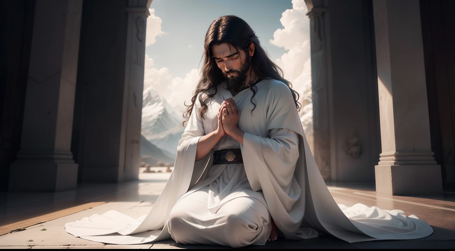 create an image of Jesus Christ in high definition, showing him on his knees in deep prayer, with eyes closed and hands clasped together in front of his chest. A luz celestial ilumina suavemente seu rosto sereno, highlighting his expression of devotion and humility. Seu cabelo castanho-claro cai suavemente sobre seus ombros, enquanto seu manto branco e radiante envolve seu corpo. Ao fundo, A setting of exuberant and serene nature, com montanhas majestosas e um riacho cristalino, conveys a sense of peace and serenity. Convey the intensity and emotion of this sacred image, capturing the essence of Jesus' faith and spiritual connection to the divine."