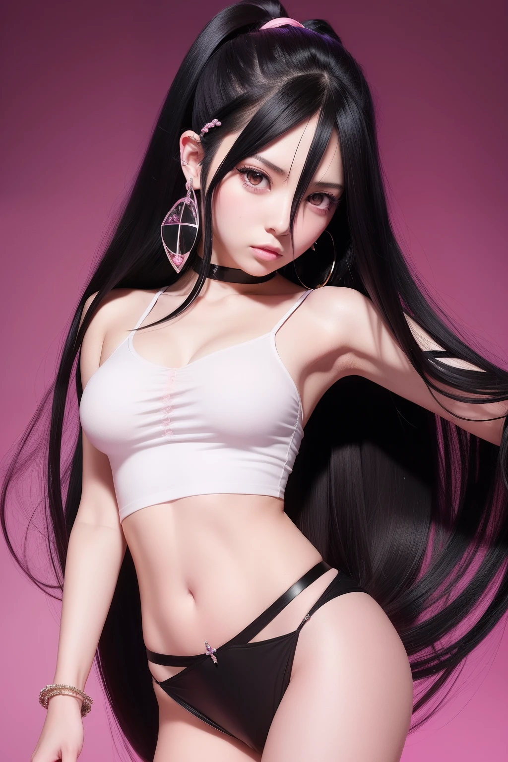 anime girl with long black hair and earrings holding a pink object, nico robin, nezuko, from one piece, sui ishida with black hair, anime style”, oda non, nezuko-chan, style is a blend of æon flux, she has black hair, style mix of æon flux, as an anime character, female anime character