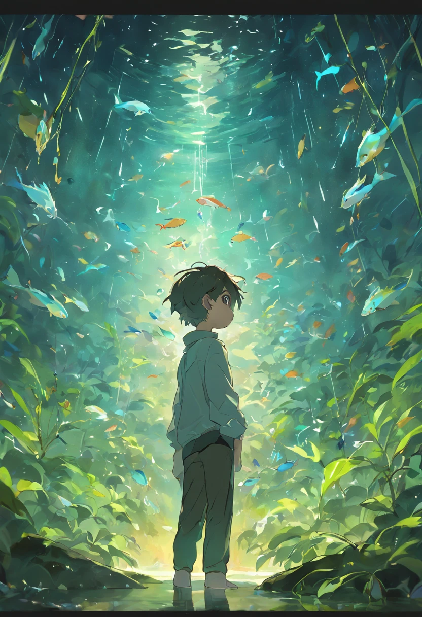 A boy holds a fish tank,The boy was surrounded by willow branches,Willow,Divine,Anime boy a small fish in a fish tank,Round fish tank,Transparent fish tank,The fish tank faces away from the avalanche,Ahead is the galaxy,anime big breast