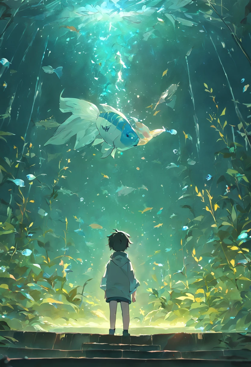 A boy holds a fish tank,The boy was surrounded by willow branches,Willow,Divine,Anime boy a small fish in a fish tank,Round fish tank,Transparent fish tank,The fish tank faces away from the avalanche,Ahead is the galaxy,anime big breast