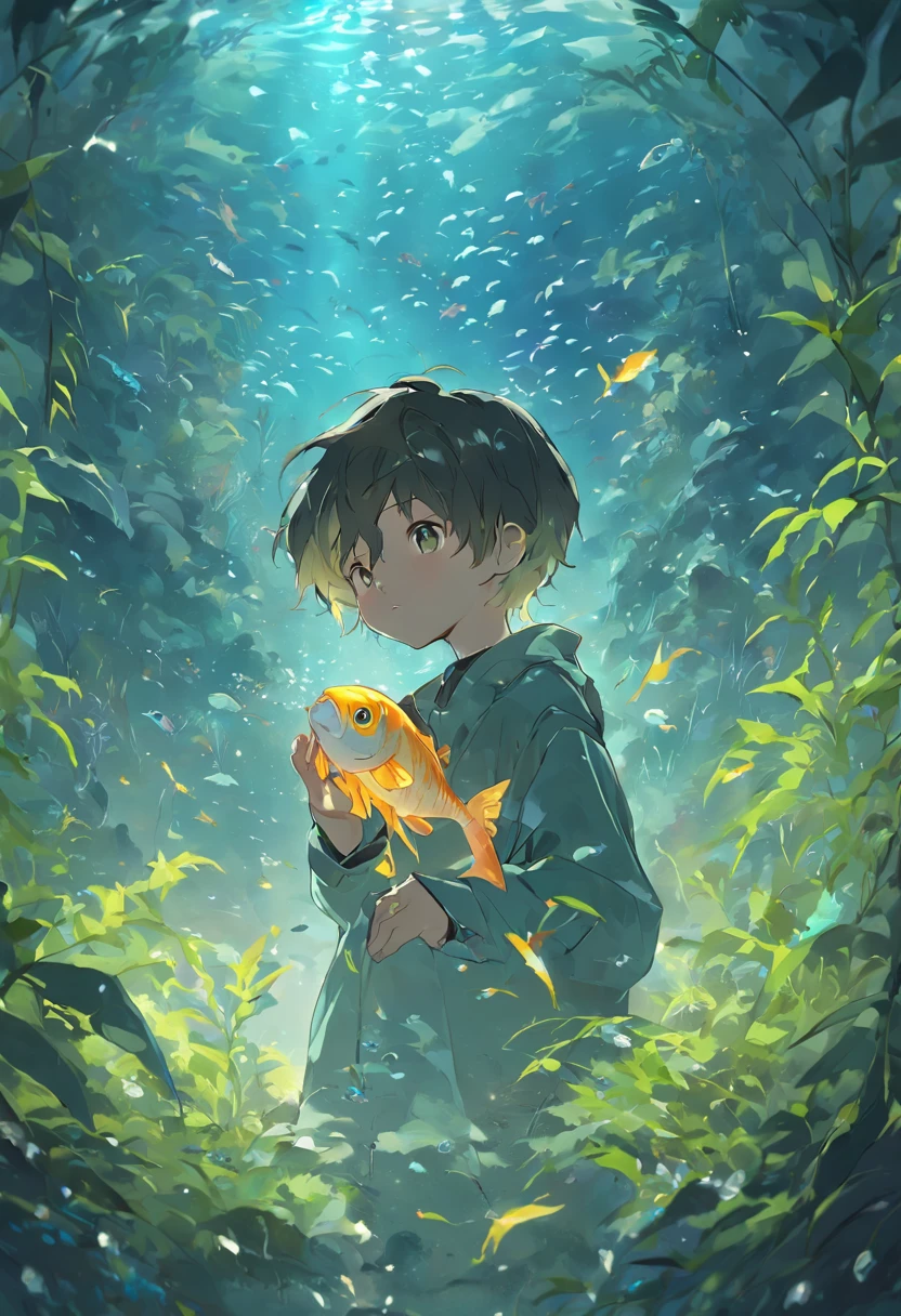 A boy holds a fish tank，The boy was surrounded by willow branches，Willow，Divine，Anime boy a small fish in a fish tank，Round fish tank，Transparent fish tank，The fish tank faces away from the avalanche，Ahead is the galaxy，anime big breast