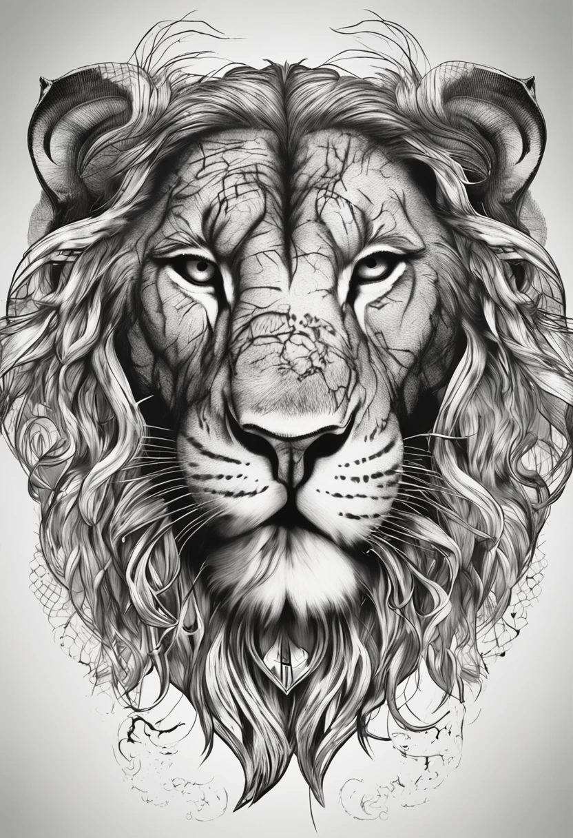 tattoo design of a realistic lion face, with a antique compass behind