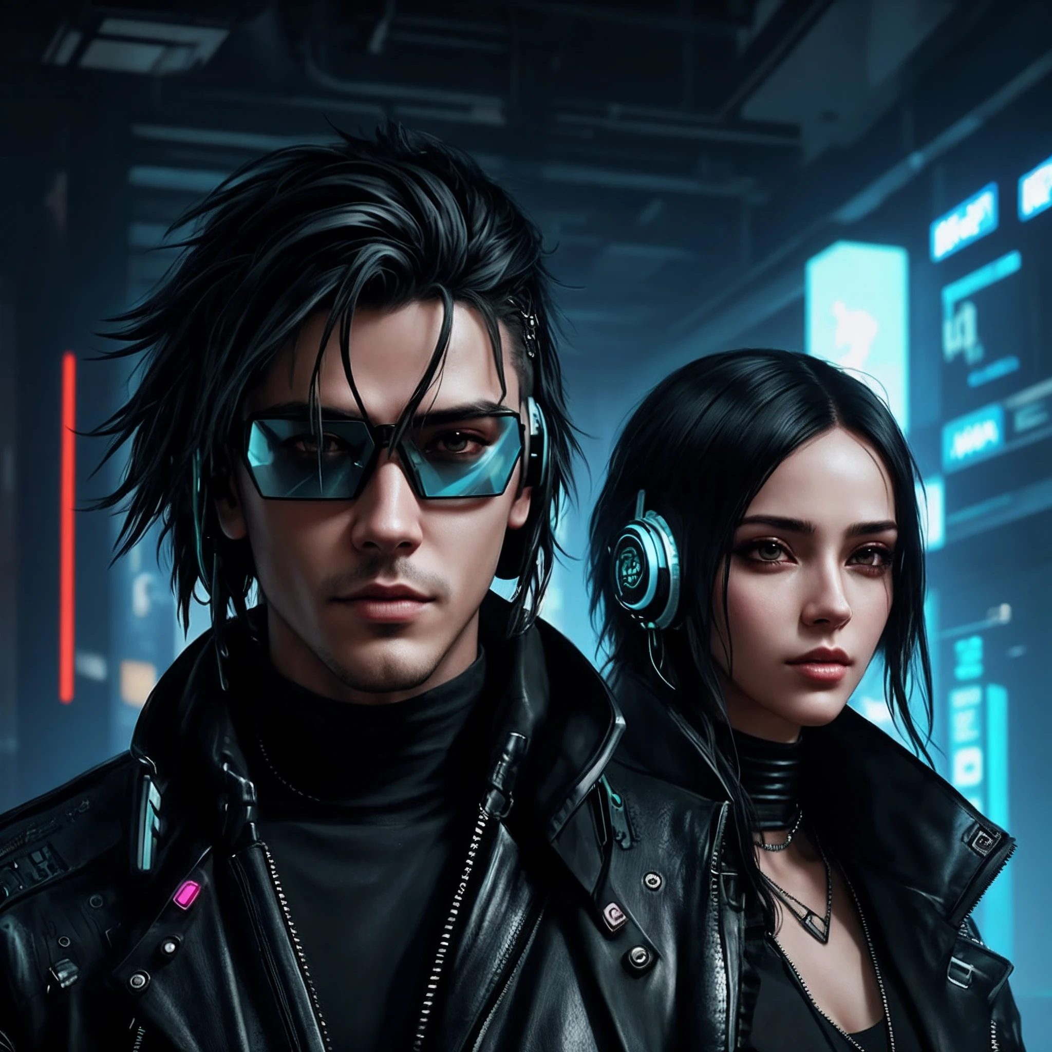 Close-up of a man and a woman wearing headphones, Modern cyberpunk, Cyberpunk Points, cyberpunk artstyle, with Cyberpunk style, It has a cyberpunk style, Cyberpunk style, Cyberpunk-futuristic neo, cyberpunk portrait, Cyber Glasses, Cyberpunk futurism, wlop and andrei riabovitchev, futuristic cyberpunk, cyberpunk themed art, More and more cyberpunk, cyberpunk digital painting, cyberpunk character art