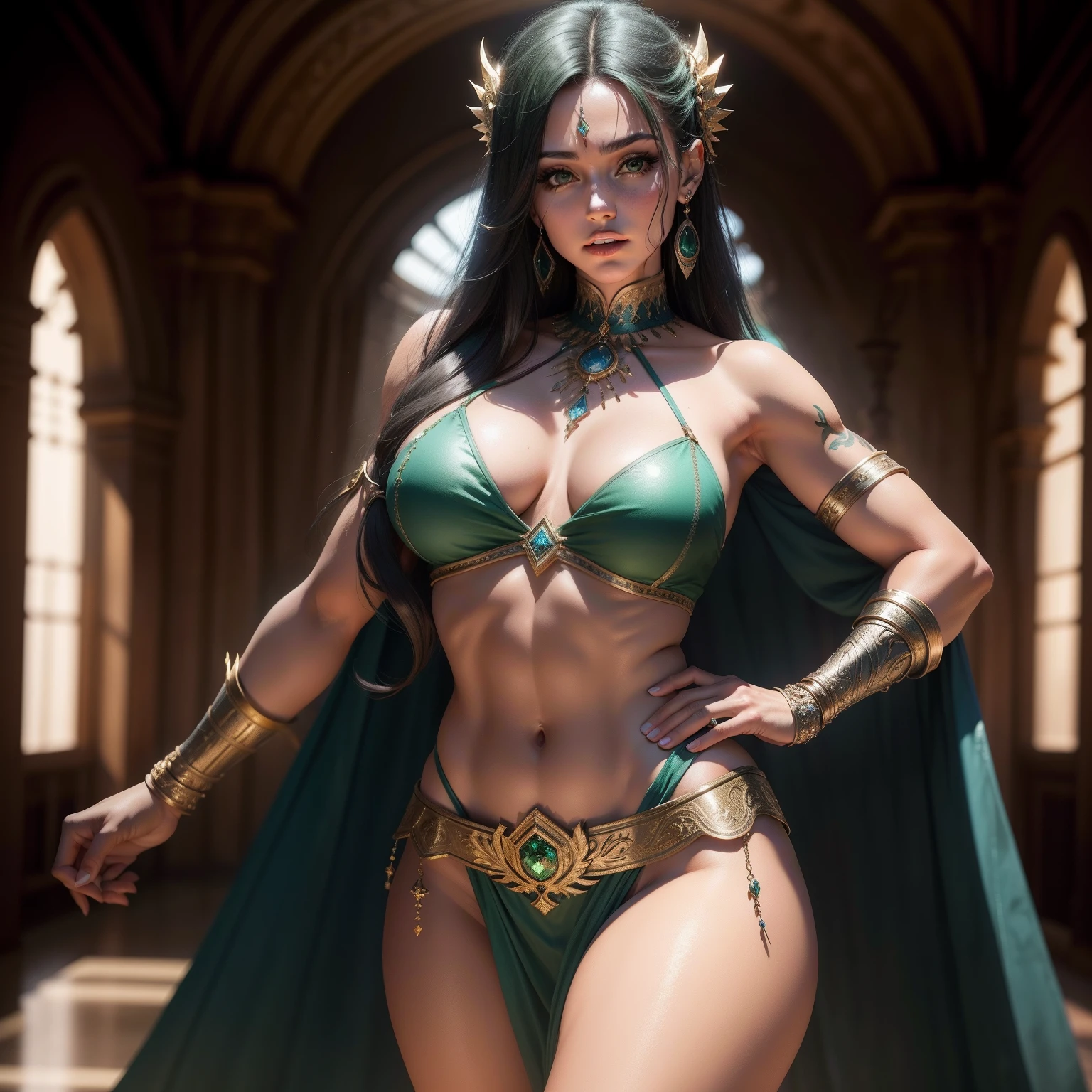 Diosa egipcia, mujer joven, cuerpo completo, cuerpo entero, gran trasero y grandes senos, cabello turqueza, cabello largo, tatuajes en el cuerpo, joyas egipcias, maquillaje egipcio, ojos color verde brillante, muy detallado cg, textura detallada, hiperrealista, 8 k resolution, 32k resolution, cinematic lighting, high resolution, guerrera, pose de batalla, pose sexy, Traje muy corto, dejando ver casi todo el cuerpo