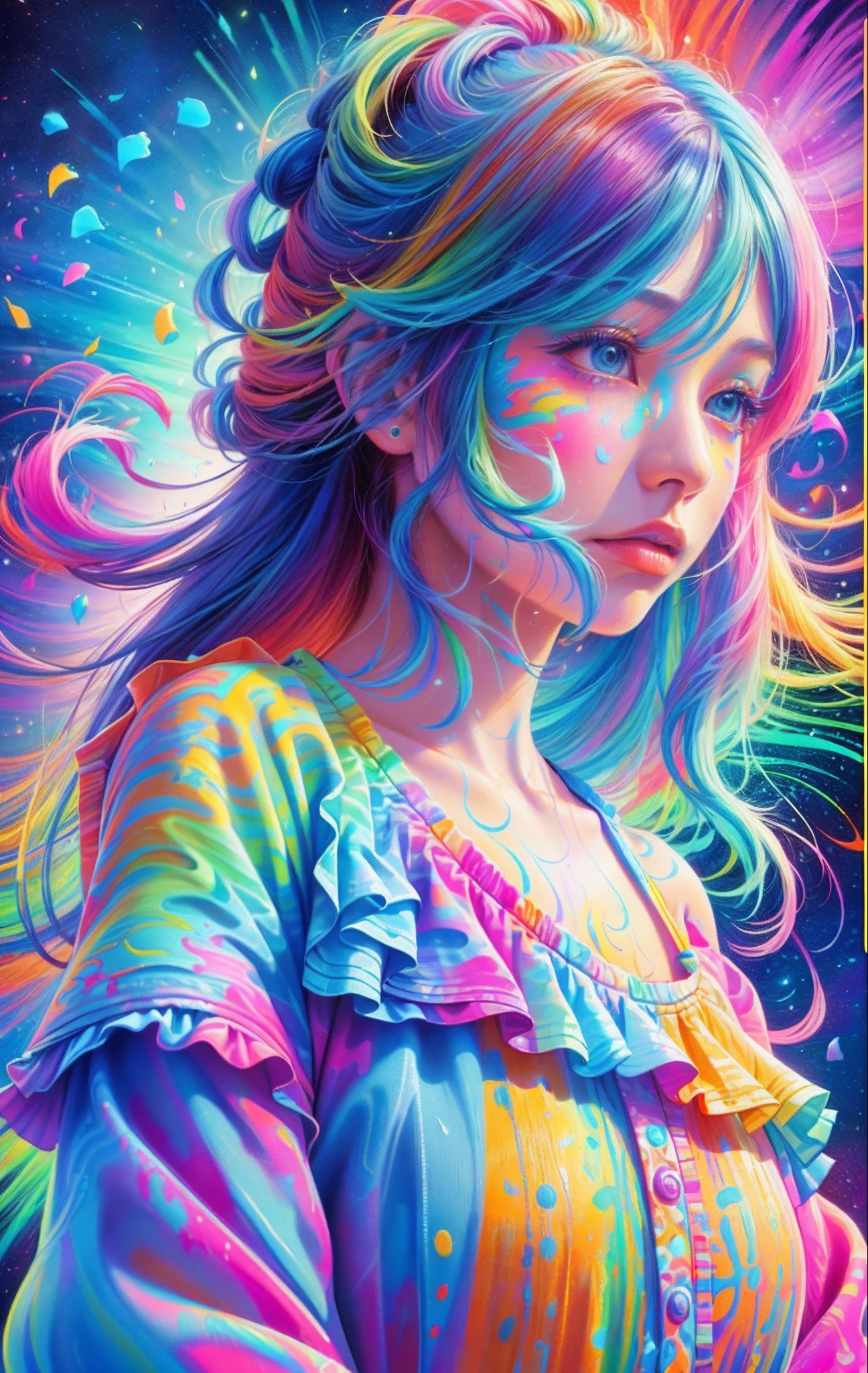 Full body portrait, standing, (colorful fashion ultra-small mini bikini: 1.9), (colorful hair: 1.8), (all colors of the rainbow: 1.8), (vertical: 1.6))), (painting, painting, portrait), cartoon, illustration, painting, large, crystal clear eyes, (rainbow gradient high ponytail: 1.7), exquisite makeup, mouth closed, (small fresh(1.5), (Big: 1.6), long eyelashes, looking at the audience, big watery eyes, (iridescent hair: 1.6), color splash, (solo, :1.8), color splash, color explosion, thick paint style, messy lines, ((sparkling)), (colorful), (colorful), colorful, colorful, chic paint style, (splash) (color splash), vertical painting ,, Paint splash, acrylic pigment, gradient, paint, best quality, best quality, masterpiece, , solo, , depth of field, face paint, colorful clothing, (elegantly: 1.2), gorgeous,long hair, wind, (elegantly: 1.3), (petals: 1.4), (Masterpiece,))))), (Best Quality))), (Ultra detailed))), (Illustration), (Dynamic Angle), ((Floating)), (Paint), (((disheveled hair)), (Solo,), (1 girl), (Detail anima face)))), (Beautiful Detail Face)), Collared, Bare shoulders, White hair, (((Colorful hair)), ((Striped hair)), Beautiful detailed eyes, (Gradient colored eyes), (Colorful eyes)))), ((High Saturation))))) , (((surrounded by colorful splashes))),