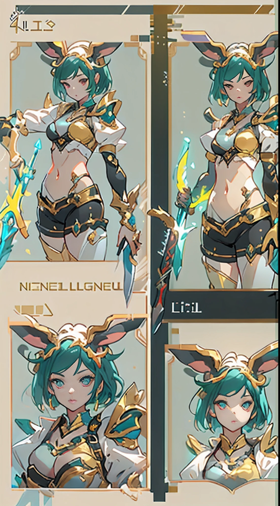 Design a layout showcase Gaming character, (1girl). Golden+Purle clothes, stylish and unique, ((showcase weapon:1.4)), magic staff, (masterpiece:1.2), (best quality), 4k, ultra-detailed, (Step by step design, layout art:1.5), (luminous lighting, atmospheric lighting), Final Fantasy style, magican, ((glove full hands)), fran, viera, (((revealing clothes:1.3))), vambraces, armored legwear, (((full_body_shot:1.4))), Niji