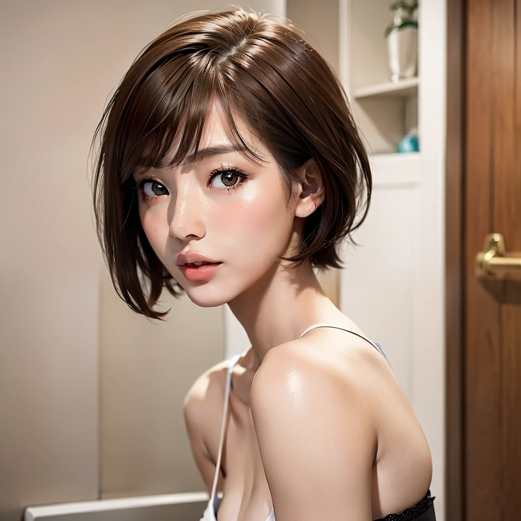 Shorthair、bath room、Japan Woman Shortcuts、Super Cute、brown haired、realisitic、ultra-detailliert、top-quality、1 female、Beautiful girl emphasizing slender abs:1.3、small tits:1.2、hyperdetailed face、very detailed lips、A detailed eye、