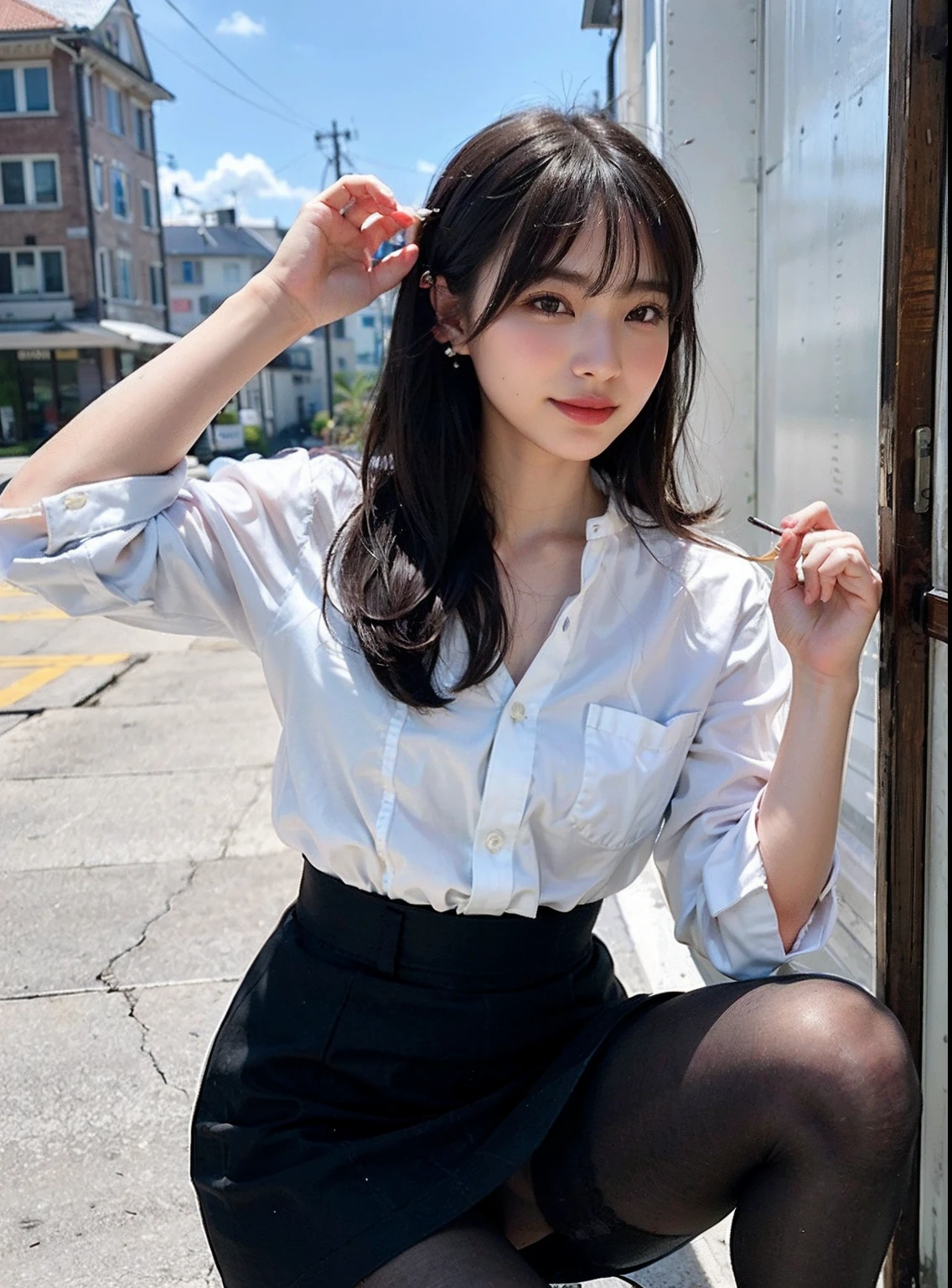 (8k, Best Quality, Masterpiece:1.2), (Realistic, Photorealistic:1.37), Ultra Detail, 1 Girl, Full Body, Outdoor, (Adjusted Hair:1.5) Office Lady, Black Office Blazer, Office Skirt, (pantyhose: 1.2), (short button-down shirt: 1.2), button-up collar prim, button-down collar prim, bra, (pantyhose: 1.2), alpha layer, high heels, beautiful earrings, cute, solo, beautiful detailed sky, (smile: 1.15), (closed mouth), small breasts, beautiful detailed eyes, business attire, (short hair: 1.2), floating hair NovaFrogStyle,