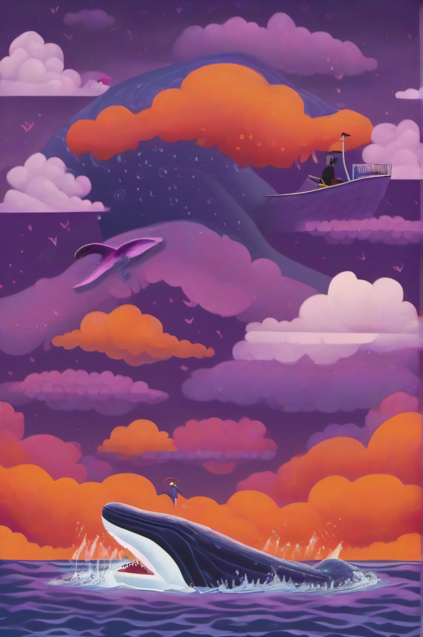 a whale swimming eating a kayaker but the whale has a crocodile head and the water is purple and deep orange and the sky has clouds but the clouds have little people falling from them