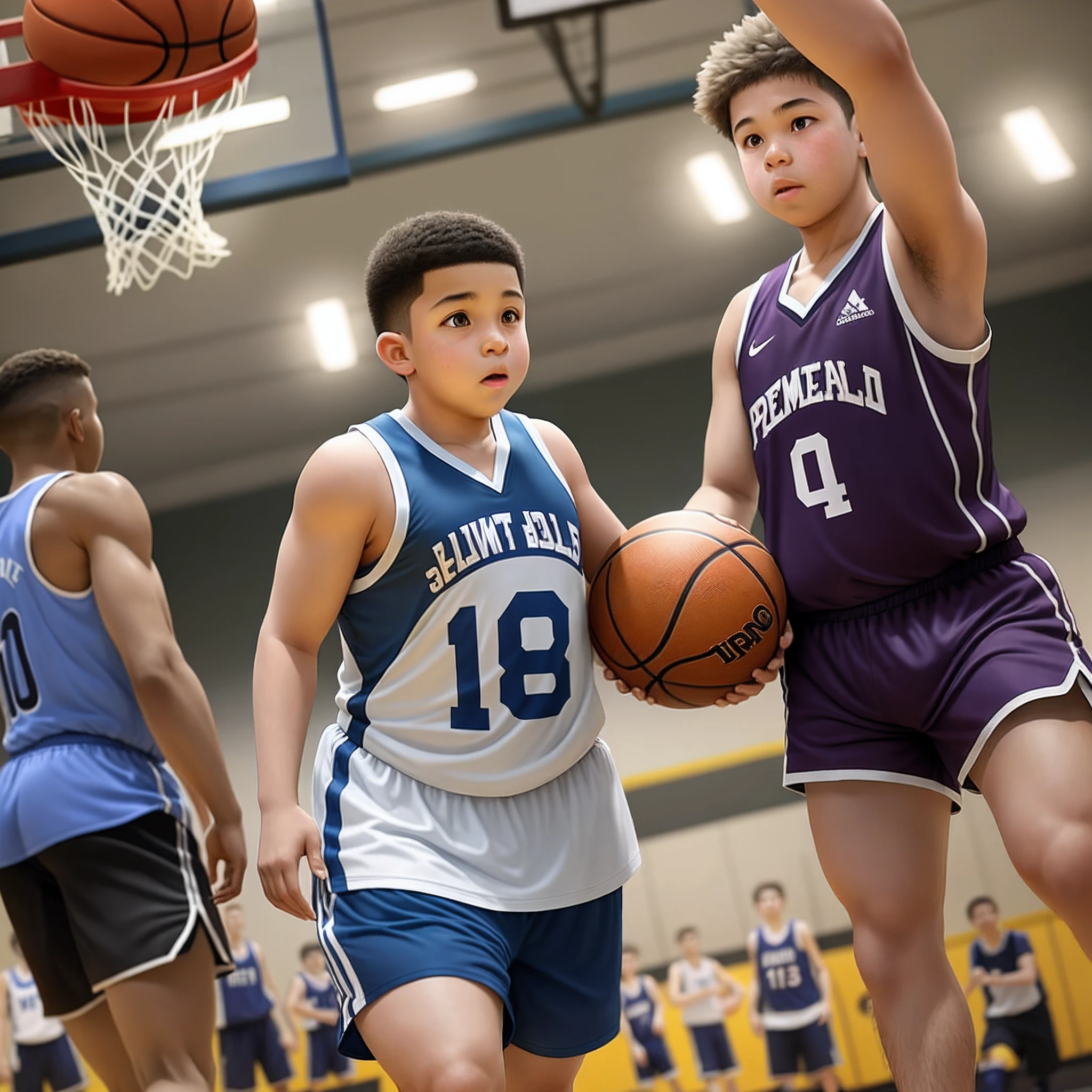 A 12-year-old boy plays basketball,Tank top shorts,slightly fat big breasts,perspire
