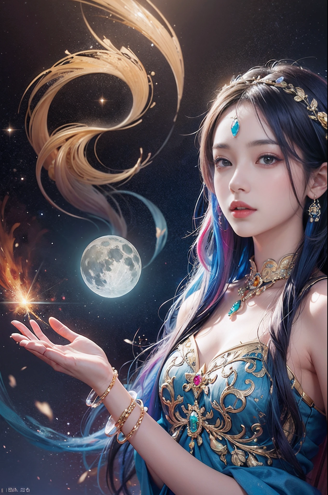 The scene is on the moon,In Journey to the West, The goddess Nuwa holds the galaxy in her palm,ornate garment,long leges,gem jewelry,Artistically,ultraclear,复杂,Extremely detailed,Hair color random,Hairstyle Random,8K