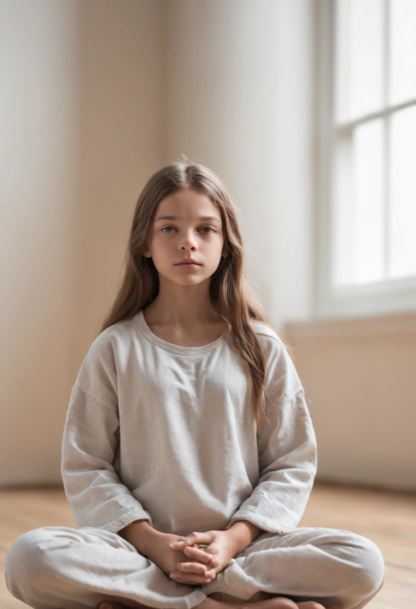 Generate an images of a girl, who is meditating in an empty but cozy neutral room with natural lighting, her eyes are closed and she's relaxed sitting on the ground deep in her thoughts, make the picture look like a clothing brand campaign for promoting mental health awerness, raw photography style, detailed, 8k, realistic, sony camera