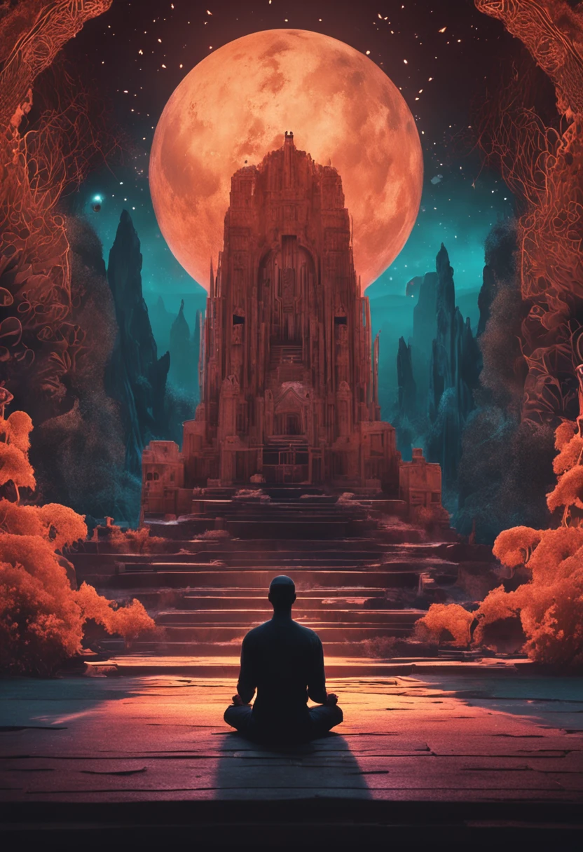 A figure in meditation, surrounded by natural elements and lighting symbols, conveying the idea of deep, self-conscious reflection