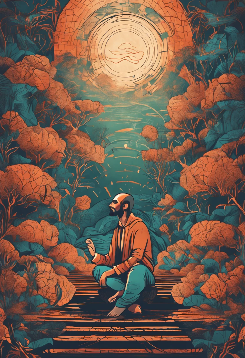 A figure in meditation, surrounded by natural elements and lighting symbols, conveying the idea of deep, self-conscious reflection