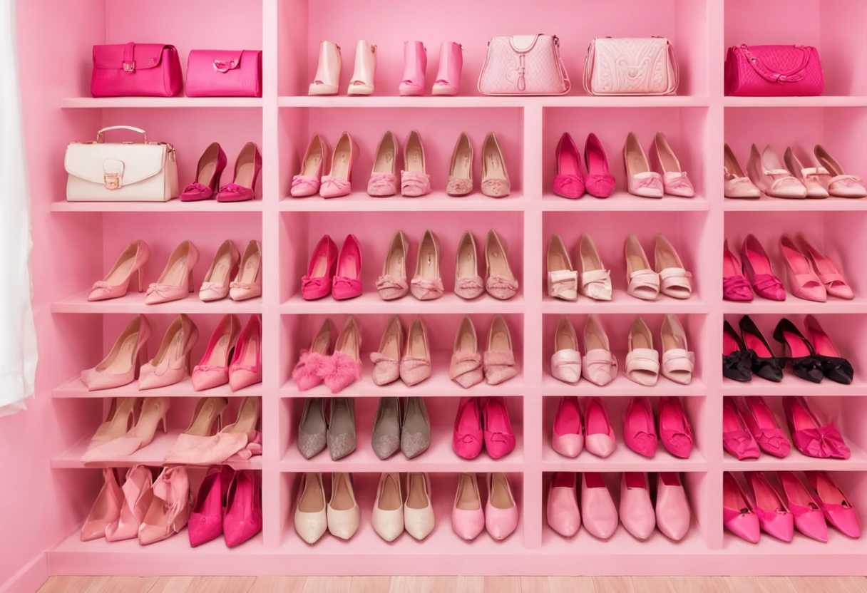 a close up of a pink closet with a lot of shoes and bags, pink power, pink vibe, ((pink)), shades of pink, (pink colors), pink clothes, heaven pink, the walls are pink, pink hue, some pink, pink hues, 🎀 🧟 🍓 🧚, vibrant pink, pink magic, pink color scheme,