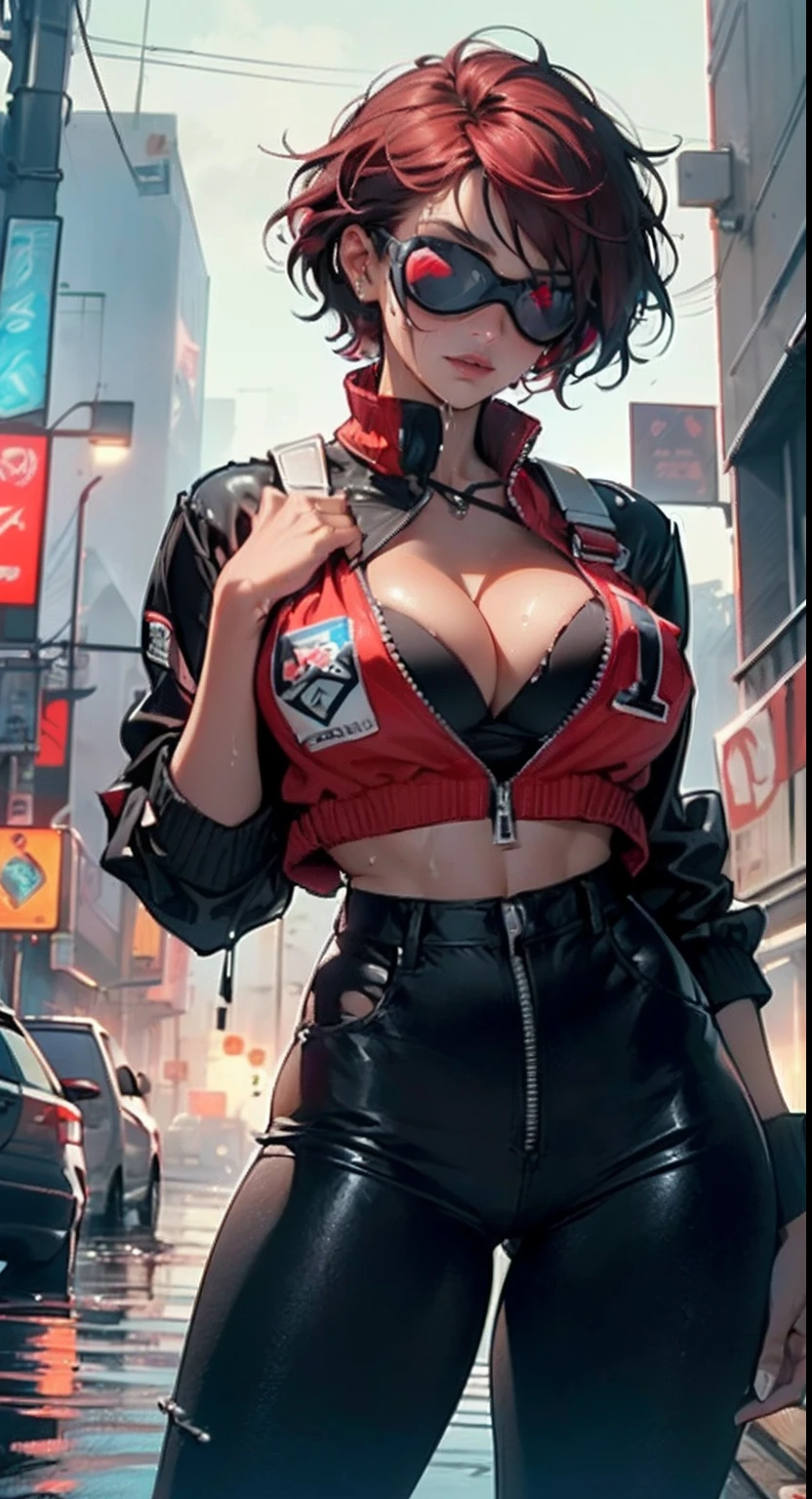 (dark skin),very dark skin,dark_skin,
mechanical girl,(1girl: 1.3),((1 black girl with extremely cute and beautiful red hair)),((((black race)))),
(big breasts: 1.4),sagging breasts,(((short red hair: 1.35,cropped,redhead,very short hair)),((heterochromia:1.5,eye1 red,eye2 white,perfect eyes,rolled eyes up: 1.3,beautiful detailed eyes,finely detailed beautiful eyes: 1,big highlight on eyes: 1.2)),(fat: 1.2),(((black skin,dark skin woman,dark skin: 1.3,skin of ebony,lustrous skin: 1.5,shiny skin: 1.5,tan skin,shiny skin,very shiny skin,shiny body,plastic shiny skin,exaggerated shiny skin,illuminated skin, wet legs))),(spider lower abdomen,narrow waist,wide hip ,athletic body,inflated legs,delicate and detailed fingers,hand with only five fingers,detailed body,human hands,(detailed face)),(((muscle legs,muscular thighs,muscular girl))),(strong and muscular,bodybuilder,strong body,muscular,feminine and muscular),(huge stature,tall stature,very tall girl),
cute,slutty,sensual,seductive look,seductive,erotic,enchanting,(((nsfw))),
(fitted overalls: 1.3,suit unbuttoned),((mechanical tools on his clothing)),(((huge cleavage))),(((goggles in your hair))),((wet clothes,detailed outfit,detailed clothes)),
(dynamic pose:1.0),embarrassed,(centered,scale to fit dimensions,Rule of thirds),
cyberpunk city by the ocean at night, with bright neon signs and dark stormy clouds and puddles,
High resolution, sharp focus, (ultra detailed, extremely detailed), (photorealistic artwork:1.37), 8k wallpaper,((synthwave background theme)),((vibrant colors)),(intricate),masterpiece,(best quality),