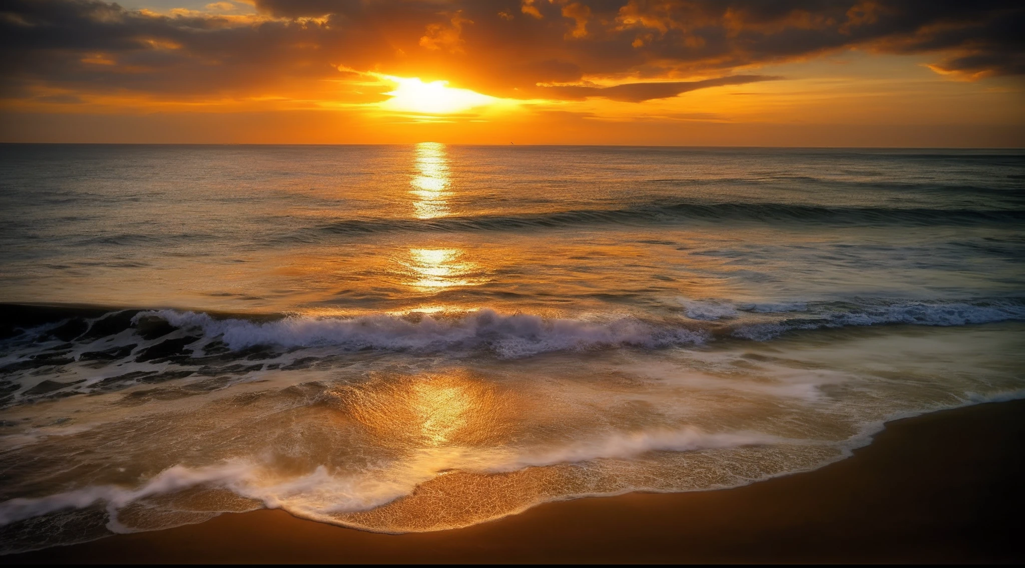 arafed view of a sunset over the ocean with waves, which shows a beach at sunset, sunset at the beach, the most beautiful sunset, beach sunset background, sunset on the beach, golden sunset, on the beach during sunset, at the beach on a sunset, golden hour time, at the golden hour, warm beautiful scene, at a beautiful sunset