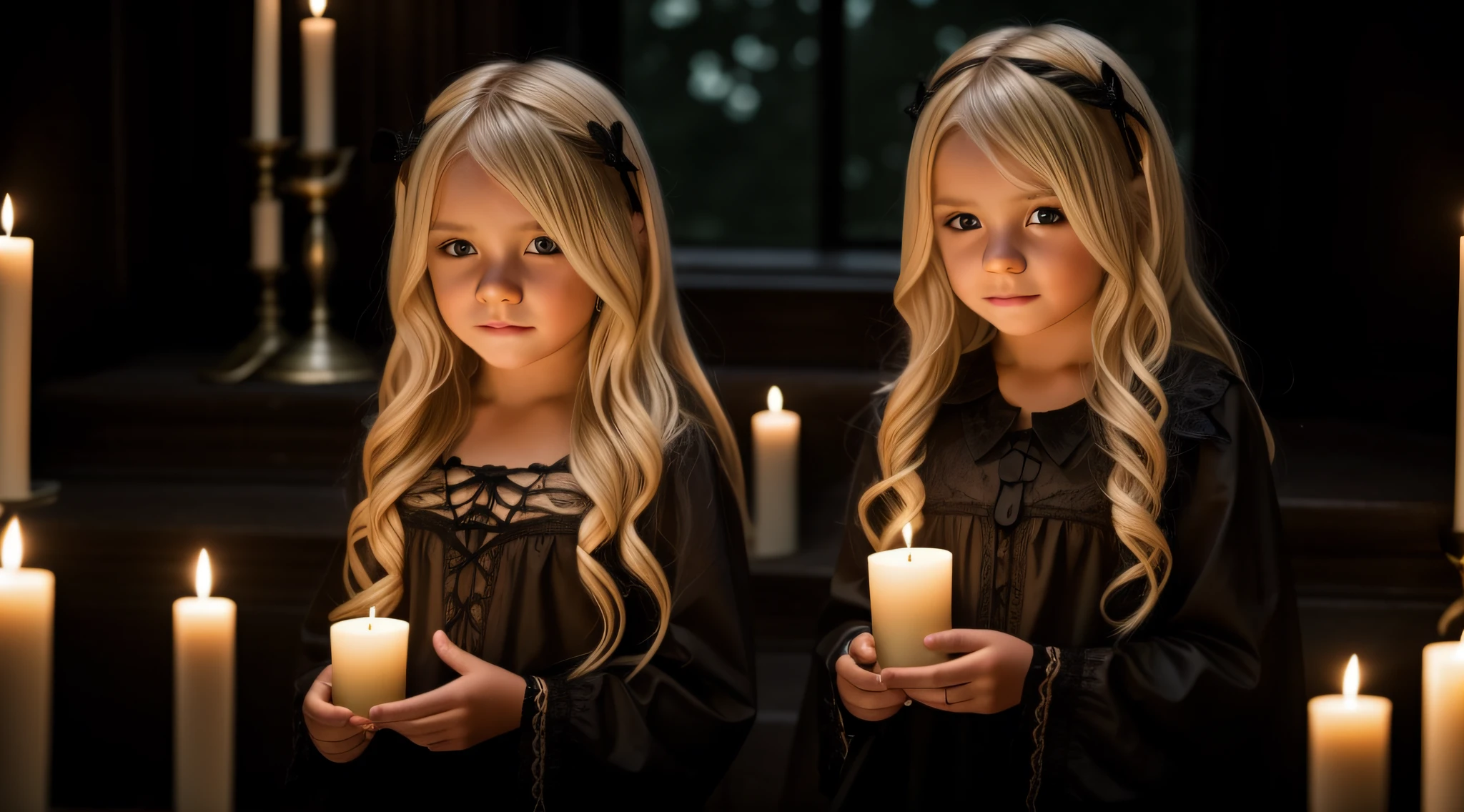 BLONDE KIDS CABELO LONGO, GOTHIC WITH LIT CANDLES in hand.