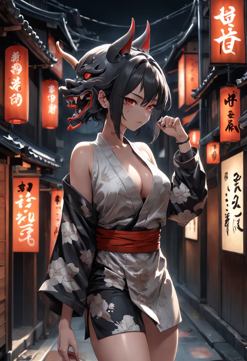 Hannya mask style+kitsune+One Girl In A Back Alley、(Super Detail)、(8K)、((Hip Hop Fashion))、(graffiti wall)、(full body Esbian)、(hyperdetailed face)、(Cool Face)、(crouching down), illustrator, 0mib, masterpiece, high quality, black and gray, monochrome, 8k, high resolution, high detail, japanese, samurai, extremely detailed eyes and face, japan , black woman on right side, beautiful detailed nose, beautiful detailed eyes, light on face, looking at viewer, (1 woman, mature face), realistic face, full lips, captivating smile, realistic body, (RAW photo, best quality ), (realistic, photorealistic: 1,3) , masterpiece, extremely beautiful, extremely detailed, CG, unity, 4k wallpaper, amazing, fine detail, extremely detailed 8k CG unity wallpaper, huge file size , ultra-detailed, high resolution, absurd, soft light, wet dress, big round ass ,