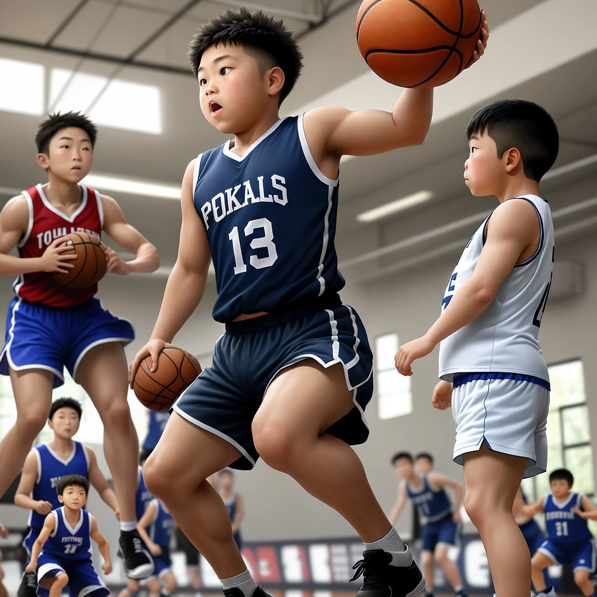 An 11-year-old boy plays basketball,Tank top shorts,slightly fat big breasts,perspire,Asian kids,There are a few muscles