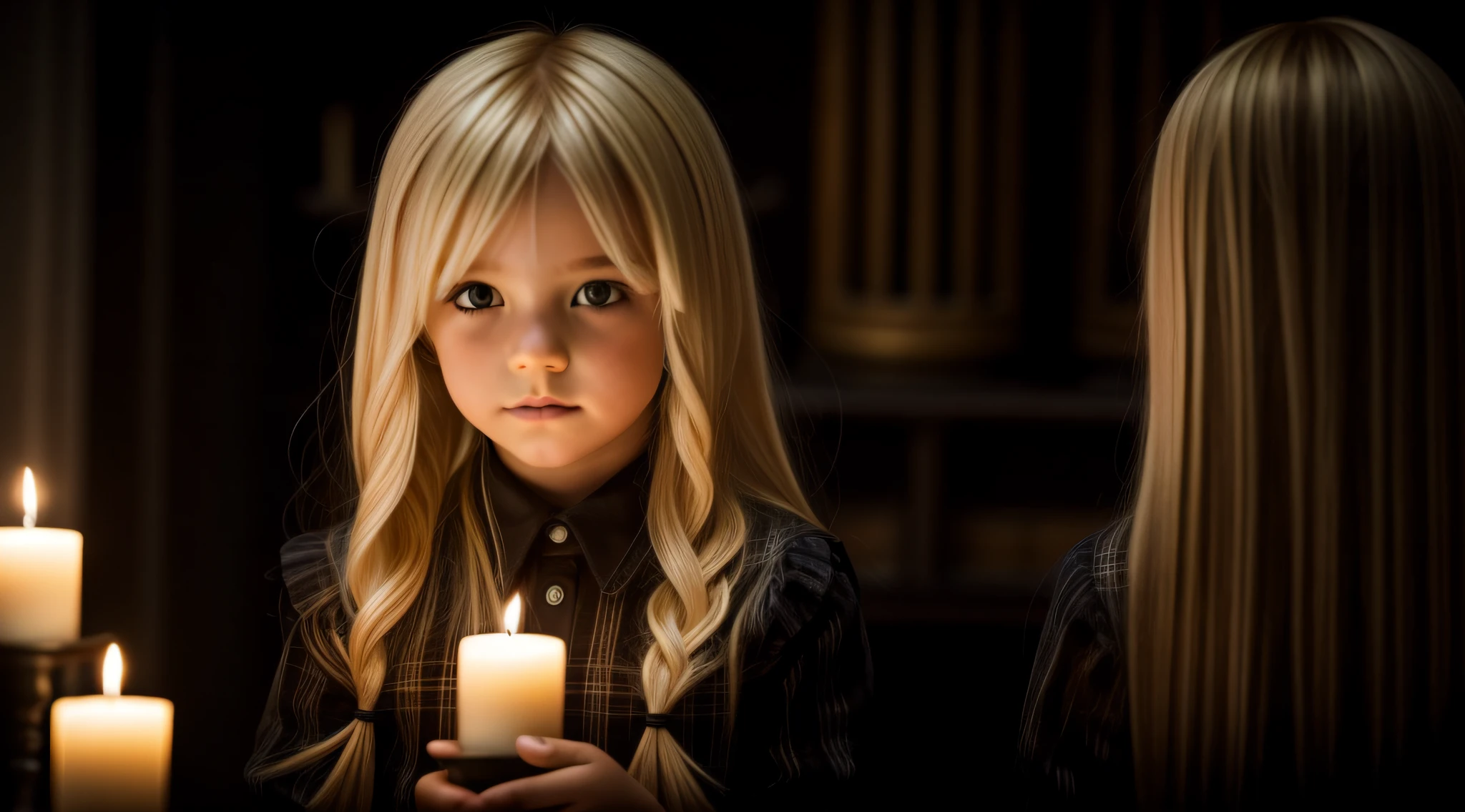 BLONDE S CABELO LONGO, GOTHIC WITH LIT CANDLES in hand.