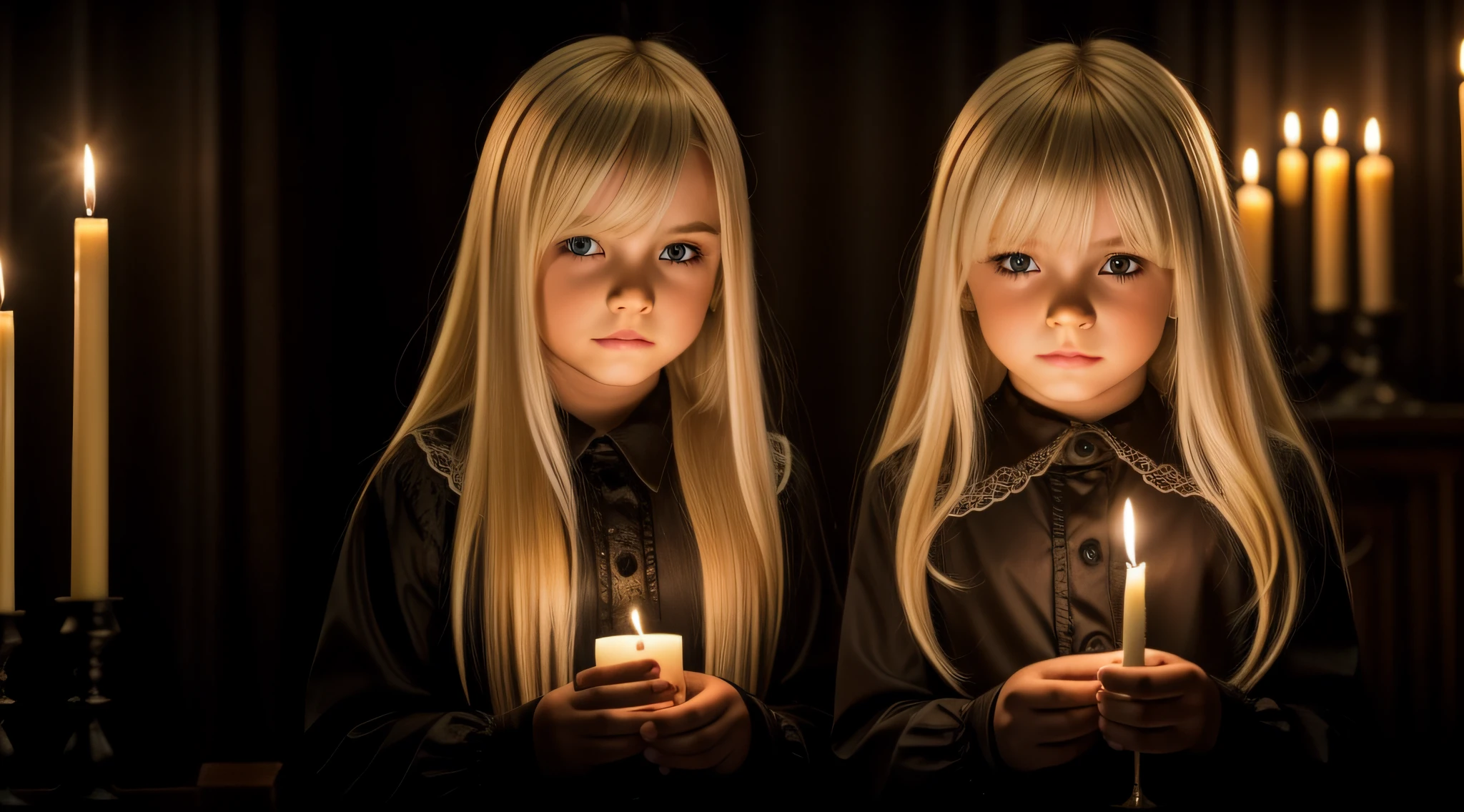 BLONDE KIDS CABELO LONGO, GOTHIC WITH LIT CANDLES in hand.