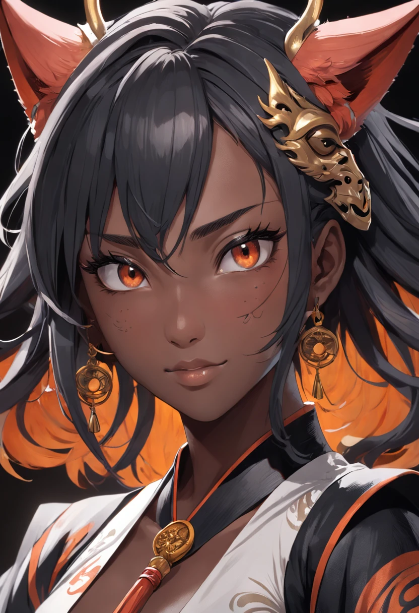 half Hannya mask style+ half kitsune+black woman on right side, illustrator, 0mib, masterpiece, high quality, black and gray, monochrome, 8k, high resolution, high detail, japanese, samurai, extremely detailed eyes and face, japan , black woman on right side, beautiful detailed nose, beautiful detailed eyes, light on face, looking at viewer, (1 woman, mature face), realistic face, full lips, captivating smile, realistic body, (RAW photo, best quality ), (realistic, photorealistic: 1,3) , masterpiece, extremely beautiful, extremely detailed, CG, unity, 4k wallpaper, amazing, fine detail, extremely detailed 8k CG unity wallpaper, huge file size , ultra-detailed, high resolution, absurd, soft light, wet dress, big round ass ,
