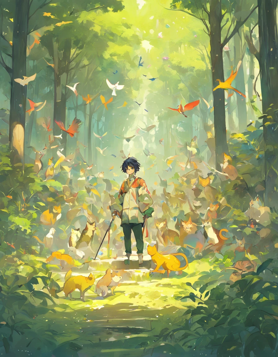A lone man stands in the middle of a dense forest, surrounded by a group of cats, holding a paintbrush and drawing a vibrant bird, pangolin, frog, mouse, the colors of the painting blend with the surrounding nature.