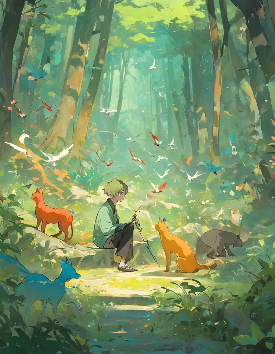 A lone man stands in the middle of a dense forest, surrounded by a group of cats, holding a paintbrush and drawing a vibrant bird, pangolin, frog, mouse, the colors of the painting blend with the surrounding nature.