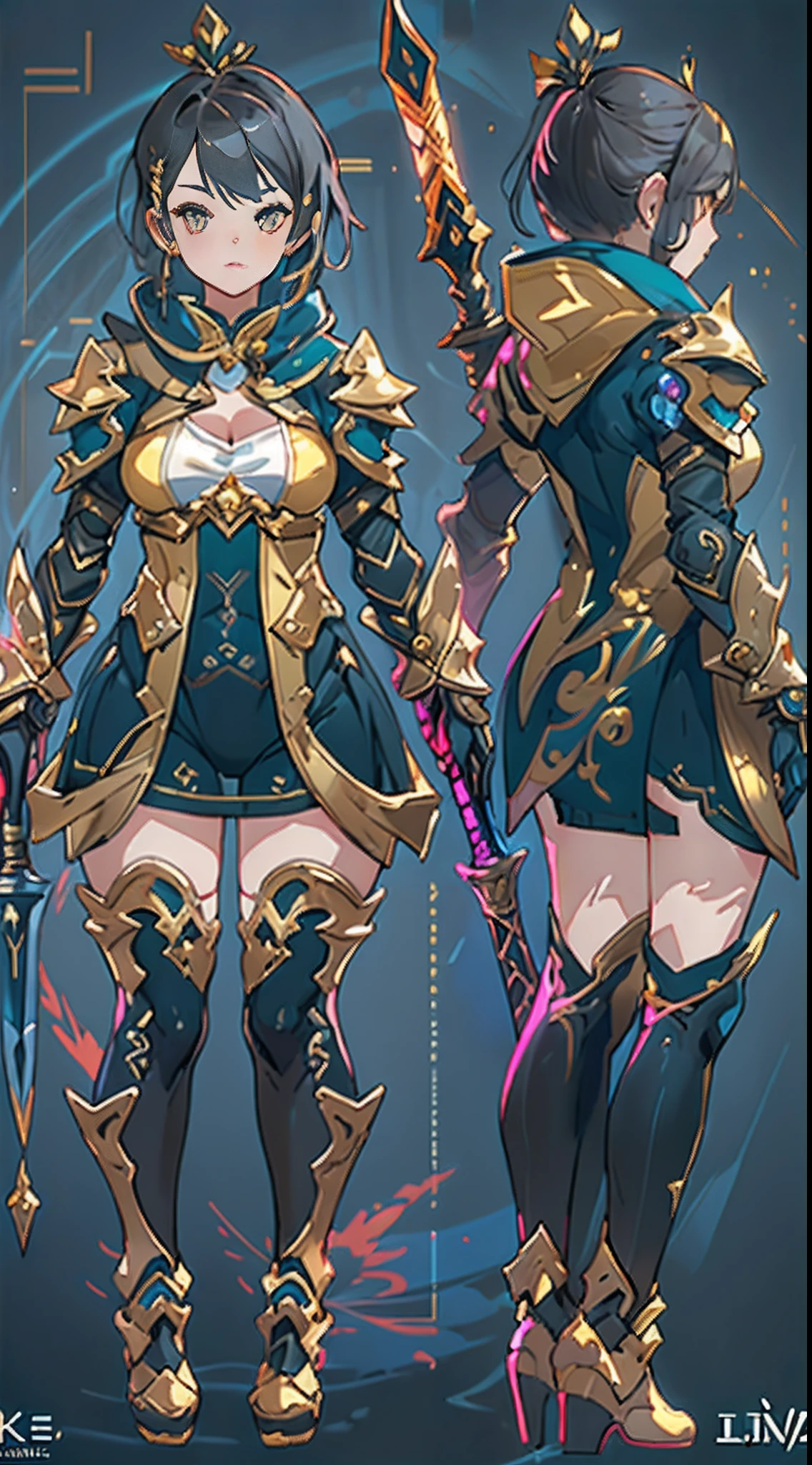 Design a layout showcase Gaming character, (1girl). Golden+Purle clothes, stylish and unique, ((showcase weapon:1.4)), magic staff, (masterpiece:1.2), (best quality), 4k, ultra-detailed, (Step by step design, layout art:1.5), (luminous lighting, atmospheric lighting), Final Fantasy style, magican, ((glove full hands)), fran, viera, (((revealing clothes:1.3))), vambraces, armored legwear, (((full_body_shot:1.4))), Niji