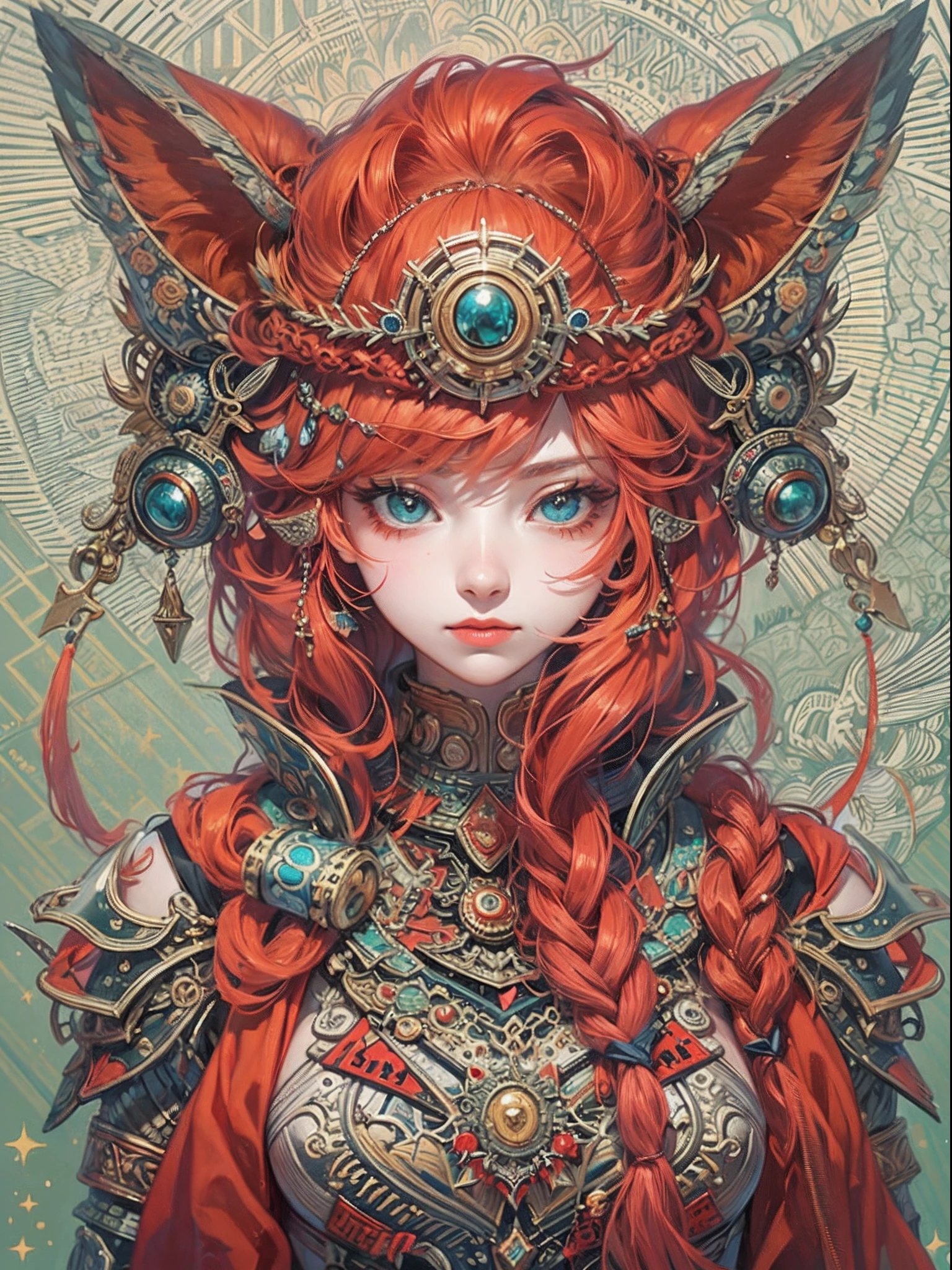 official arts, Unity 8k壁纸, Ultra-detailed, Beautiful and aesthetically pleasing, tmasterpiece, beste-Qualit, (zentangle, a Mandala, clew, meshing), (s fractal art: 1.3), 1Anthropomorphic wolf girl, Red hair and ears, Extremely detailed, Armor dress, dinamic angle, Cowboy shot, Most Beautiful Form of Chaos, elegant, a brutalist designed, bright colours, romanticism, The Shining of the Stars, Arctic Lights