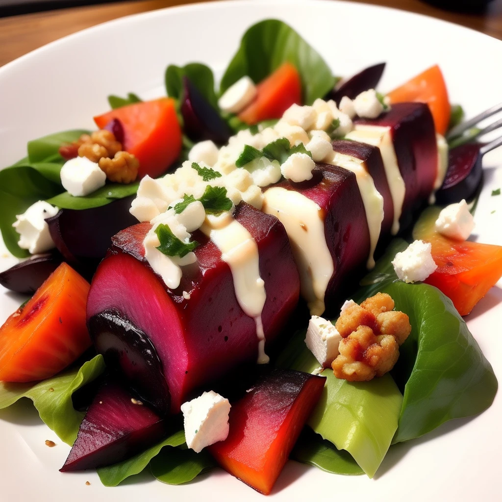 Roasted beet and goat cheese salad Sliced roasted beets served on a bed of mixed vegetables Shredded goat cheese Candied walnuts Balsamic vinegar dressing