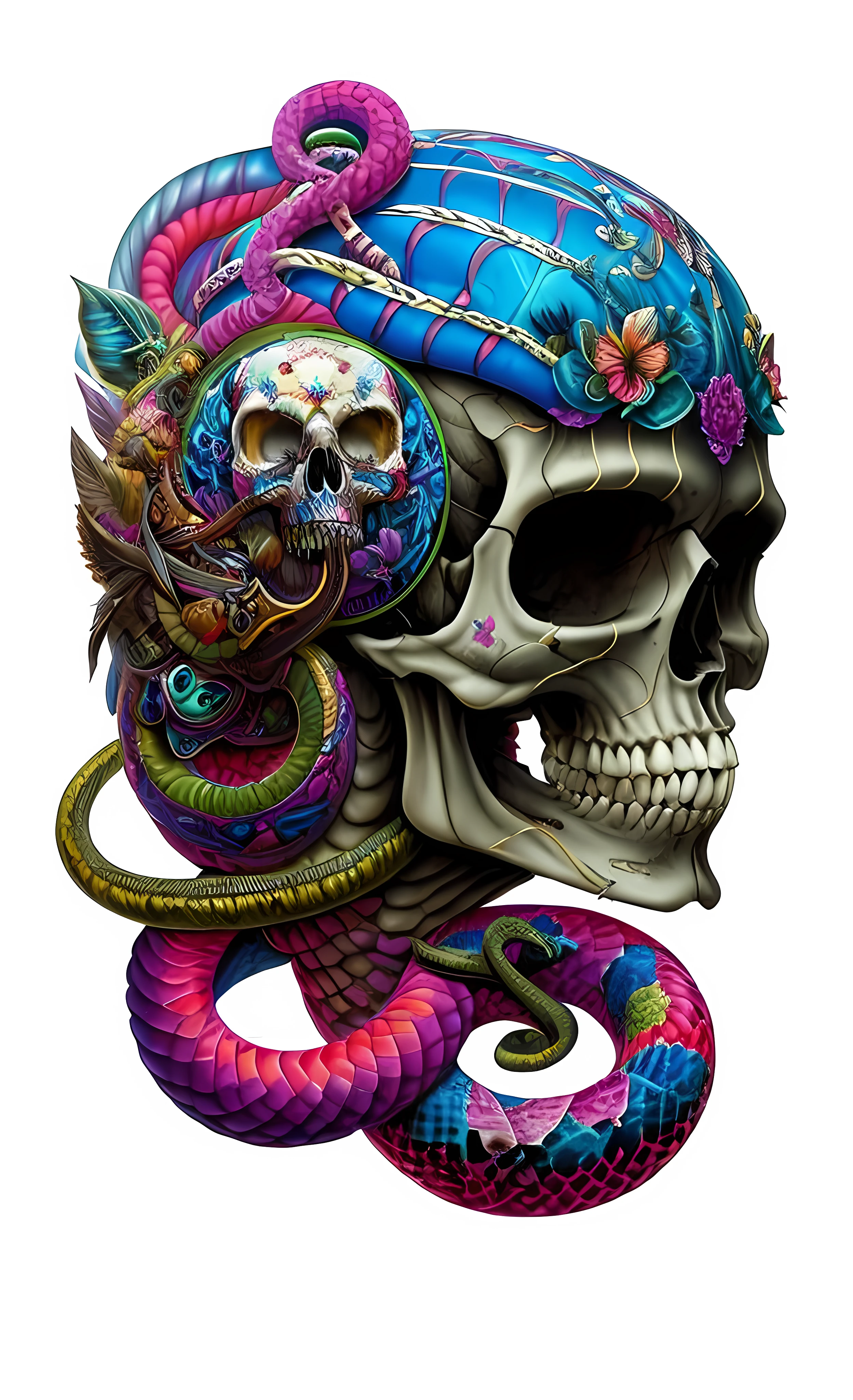 Snake head in watercolor style with skulls, moths, and vibrant hues.