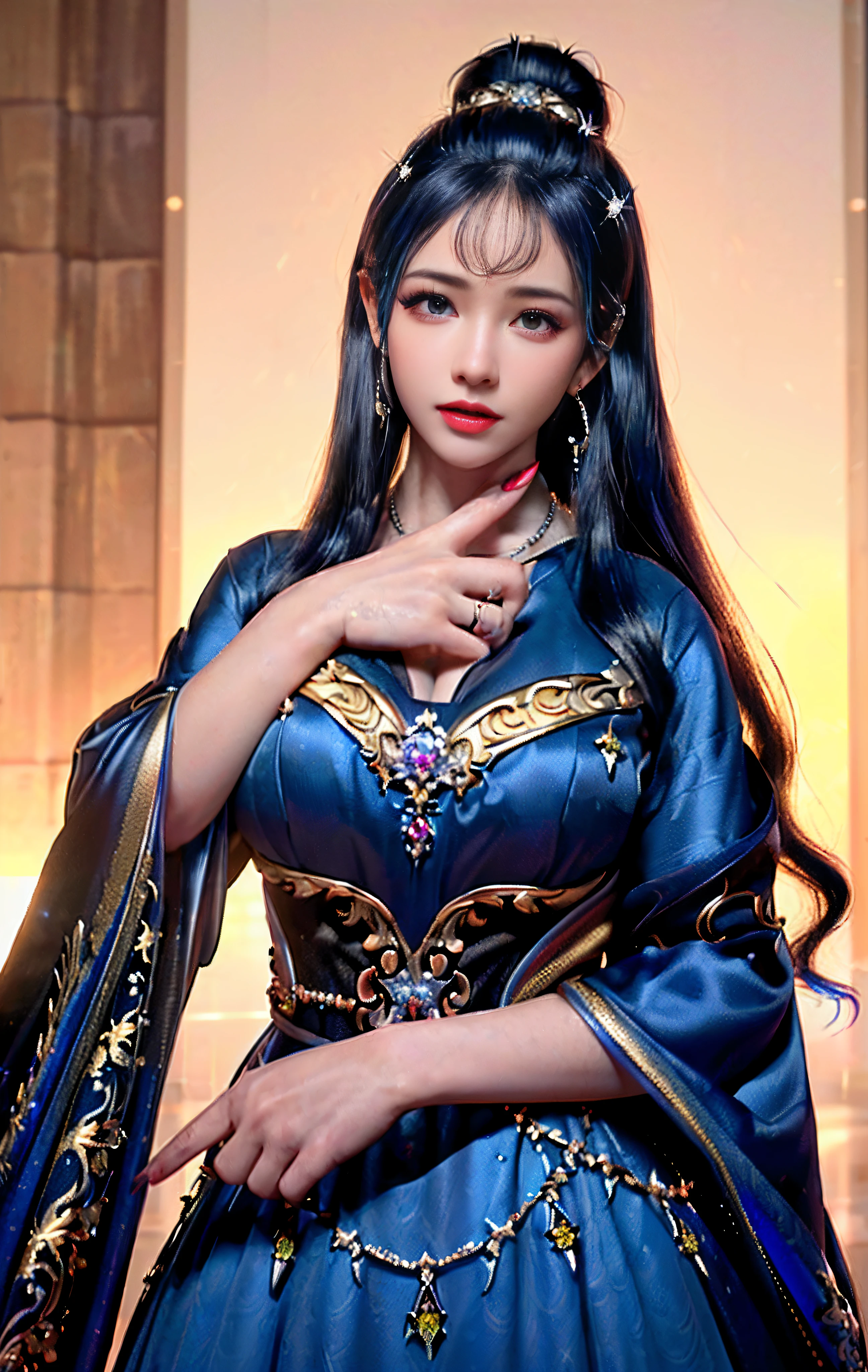 ((realisticity: 1.2)), ((realistic: 8K UHD)), ((best resolution: 8K UHD)), hyper detailed, best quality,masterpiece,highres,cg, ((1 girl hyper detailed and hyper realistic) ) , ((beautiful queen, hyper realistic and hyper detailed)),((white skin, beautiful, smooth, youthful, hyper realistic and hyper detailed )), ((Face hyper beautiful, white, hyper realistic and hyper detailed ) ), long hair, ((hyper realistic and hyper detailed dress)), solo, ((hyper realistic, hyper beautiful, beautiful and hyper detailed jewelry)), ((hyper beautiful deep red and golden yellow dress, hyper realistic and hyper detailed )) , ((Her pretty, hyper realistic, hyper detailed diamond filled earrings)), ((Her gorgeous diamond haircut, hyper realistic and hyper detailed)), ((hyper pretty upper body, hyper beautiful, hyper realistic and hyper detailed) ), ((medium breast: 1.1)), ((hyper realistic, hyper pretty, hyper detailed boobs)), ((the backgroun of the royal palace is hyper majestic, hyper realistic and hyper detailed)),((hands and palms hyper beautiful, hyper detailed, hyper realistic)), ((hyper detailed and hyper realistic fingers and fingernails)), ((hyper pretty fingernails, hyper vivid, hyper detailed, hyper realistic)), ((thumb, index finger, middle finger, ring finger, little finger hyper vivid, hyper pretty, hyper detailed, hyper realistic)), ((hyper beautiful fingers, hyper detailed, and hyper realistic)), ((posture not too fat and not too thin, hyper realistic, hyper detail)), ((hyper pretty, hyper pretty, hyper realistic and hyper detailed hair bun)), ((hyper pretty , hyper realistic and hyper detailed blue hair)), candid, Photo, high resolution, 8k , bokeh,