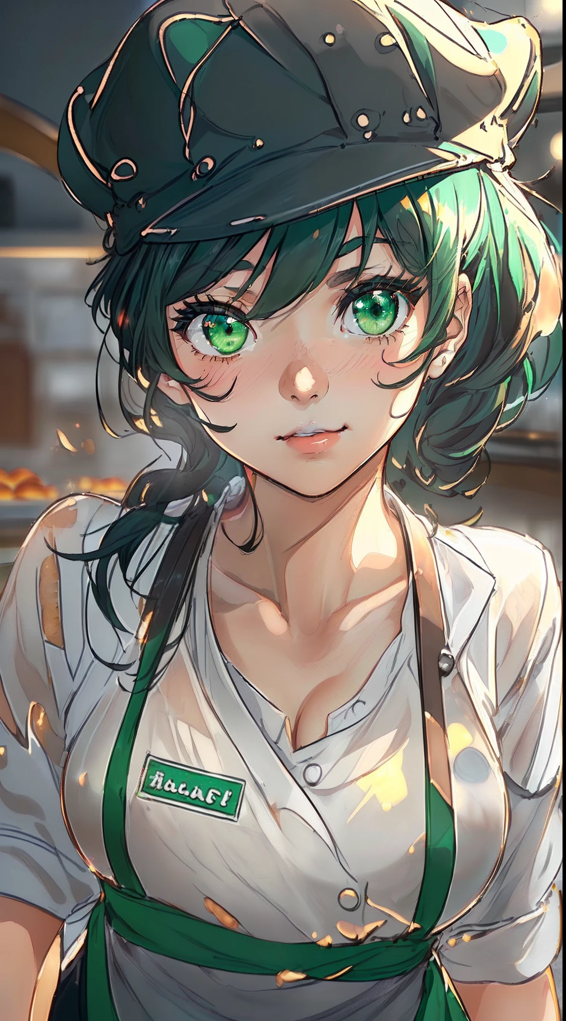 ((((((A young woman))), the anime, ( Green eyes), (black  hair), Nice face, ssmile, sports body, hairlong, Wavy Hair , (((morena))), ((tmasterpiece, beste-Qualit)), illustartion, Ультра деталпазированная 8k, Photorealistic, sharp-focus, higly detailed, Professional lighting, Culinary School, tables with food, apron, flour, sugar, a pastry, slab, mixer, Chef's hat on his head, knife, scapula