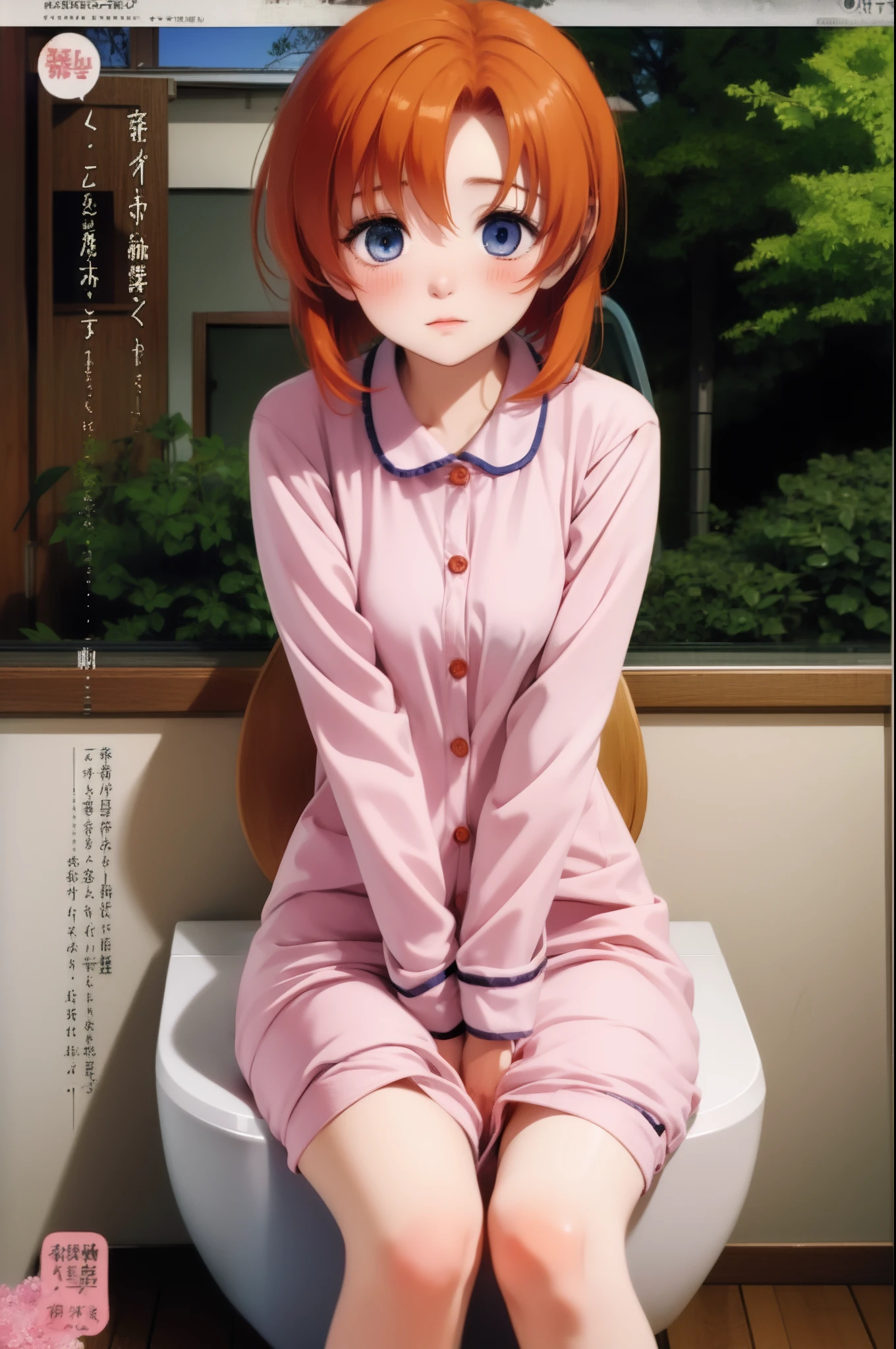 Ryuuguu Rena, higurashi no naku koro ni, orange hair, medium hair, blue eyes, blush, pajama top, bottomless, toilet, sitting, pooping, relief, 1girl