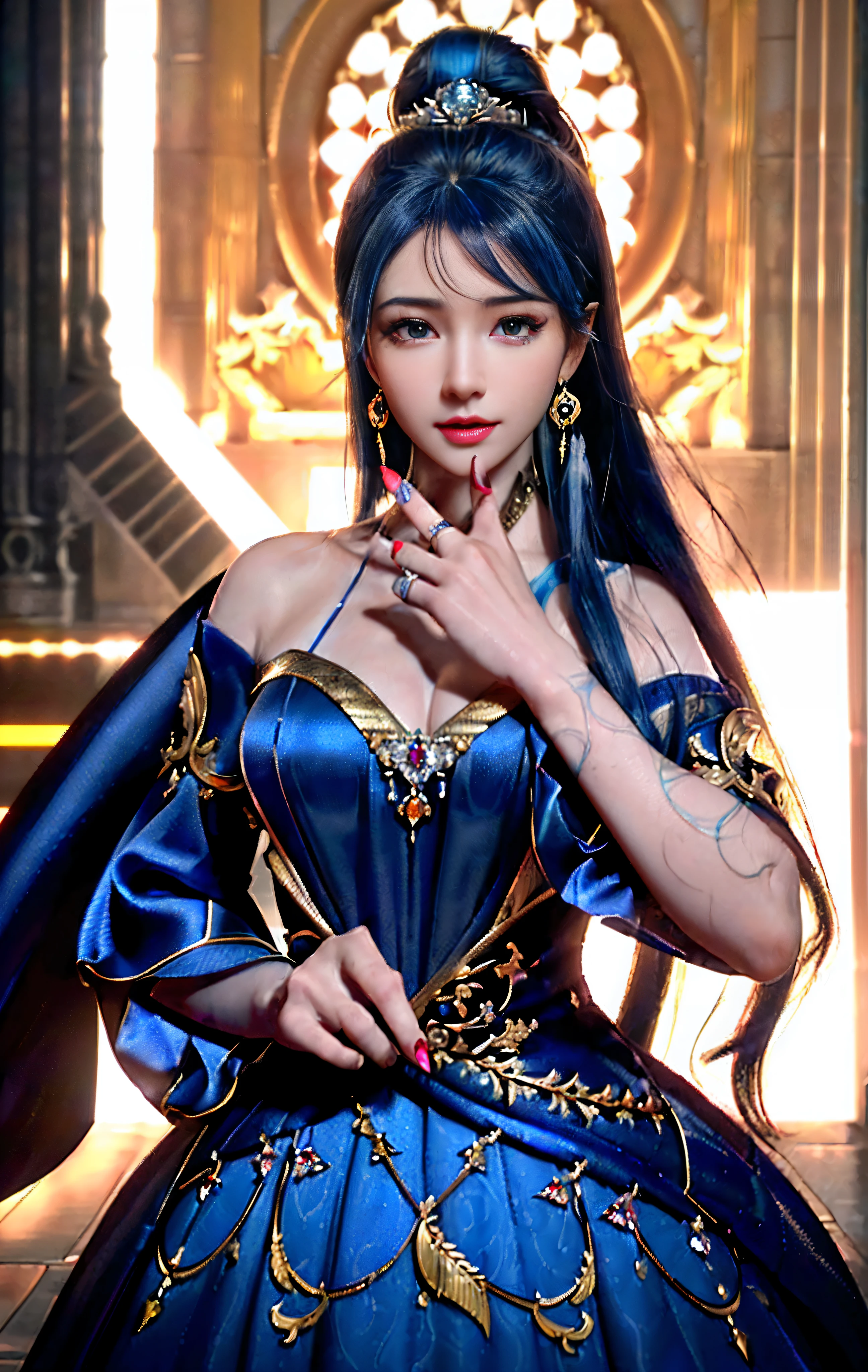 ((realisticity: 1.2)), ((realistic: 8K UHD)), ((best resolution: 8K UHD)), hyper detailed, best quality,masterpiece,highres,cg, ((1 girl hyper detailed and hyper realistic) ) , ((beautiful queen, hyper realistic and hyper detailed)),((white skin, beautiful, smooth, youthful, hyper realistic and hyper detailed )), ((Face hyper beautiful, white, hyper realistic and hyper detailed ) ), long hair, ((hyper realistic and hyper detailed dress)), solo, ((hyper realistic, hyper beautiful, beautiful and hyper detailed jewelry)), ((hyper beautiful deep red and golden yellow dress, hyper realistic and hyper detailed )) , ((Her pretty, hyper realistic, hyper detailed diamond filled earrings)), ((Her gorgeous diamond haircut, hyper realistic and hyper detailed)), ((hyper pretty upper body, hyper beautiful, hyper realistic and hyper detailed) ), ((medium breast: 1.1)), ((hyper realistic, hyper pretty, hyper detailed boobs)), ((the backgroun of the royal palace is hyper majestic, hyper realistic and hyper detailed)),((hands and palms hyper beautiful, hyper detailed, hyper realistic)), ((hyper detailed and hyper realistic fingers and fingernails)), ((hyper pretty fingernails, hyper vivid, hyper detailed, hyper realistic)), ((thumb, index finger, middle finger, ring finger, little finger hyper vivid, hyper pretty, hyper detailed, hyper realistic)), ((hyper beautiful fingers, hyper detailed, and hyper realistic)), ((posture not too fat and not too thin, hyper realistic, hyper detail)), ((hyper pretty, hyper pretty, hyper realistic and hyper detailed hair bun)), ((hyper pretty , hyper realistic and hyper detailed blue hair)), candid, Photo, high resolution, 8k , bokeh,
