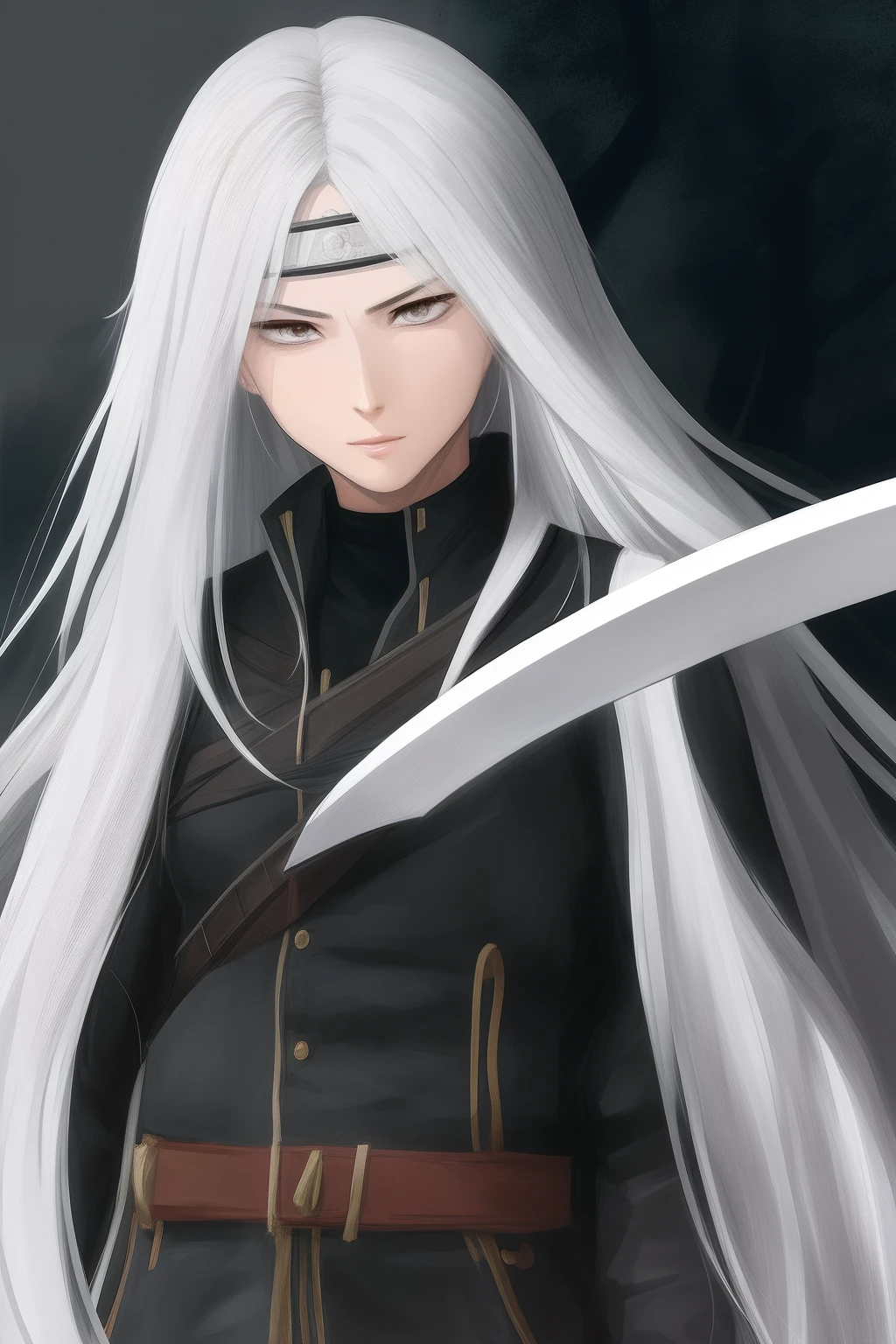 Anime warrior with long white hair and blind folded eyes